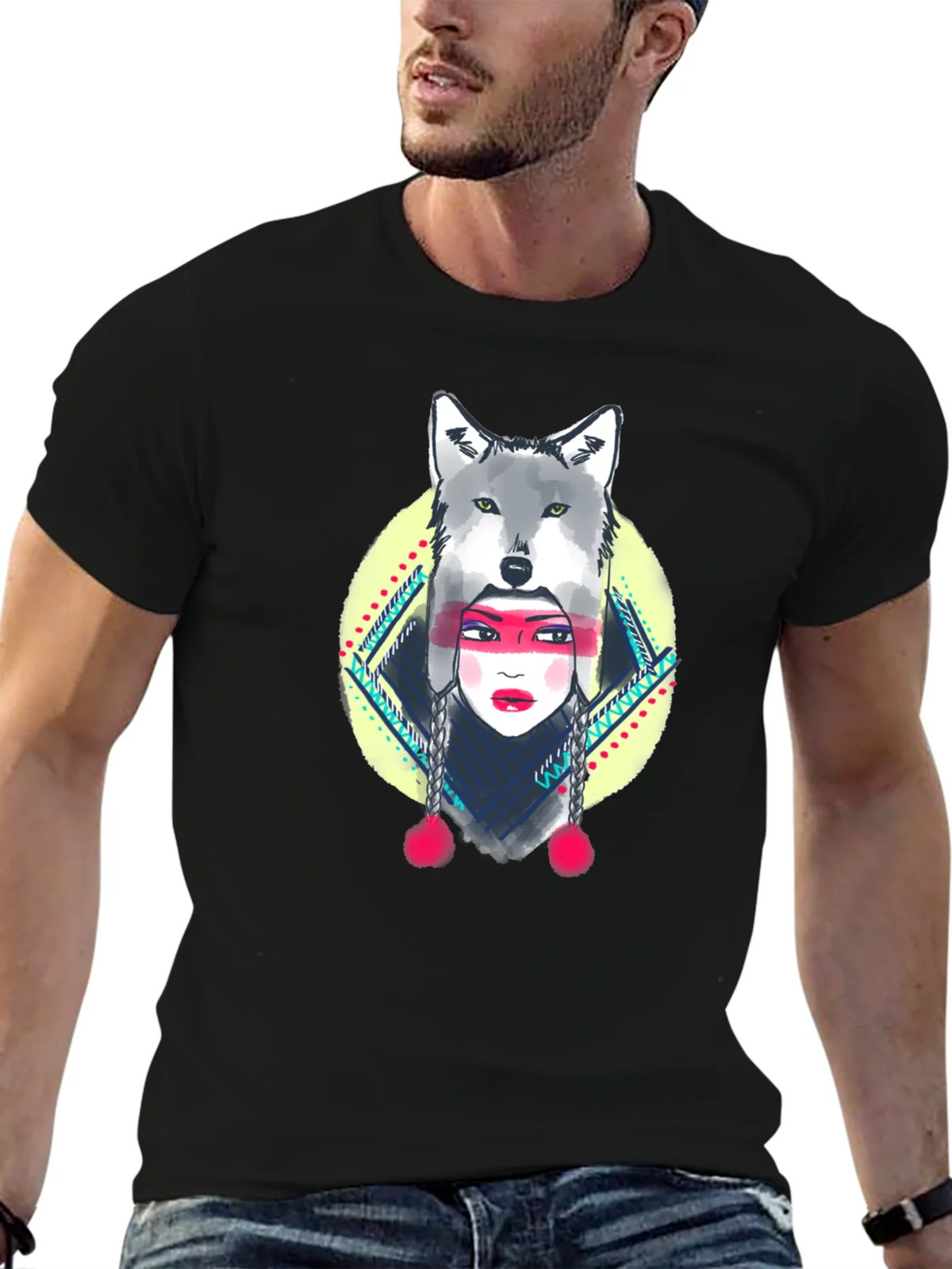 Wolf Headdress Graphic Tee - Black Cotton T-Shirt product image 4