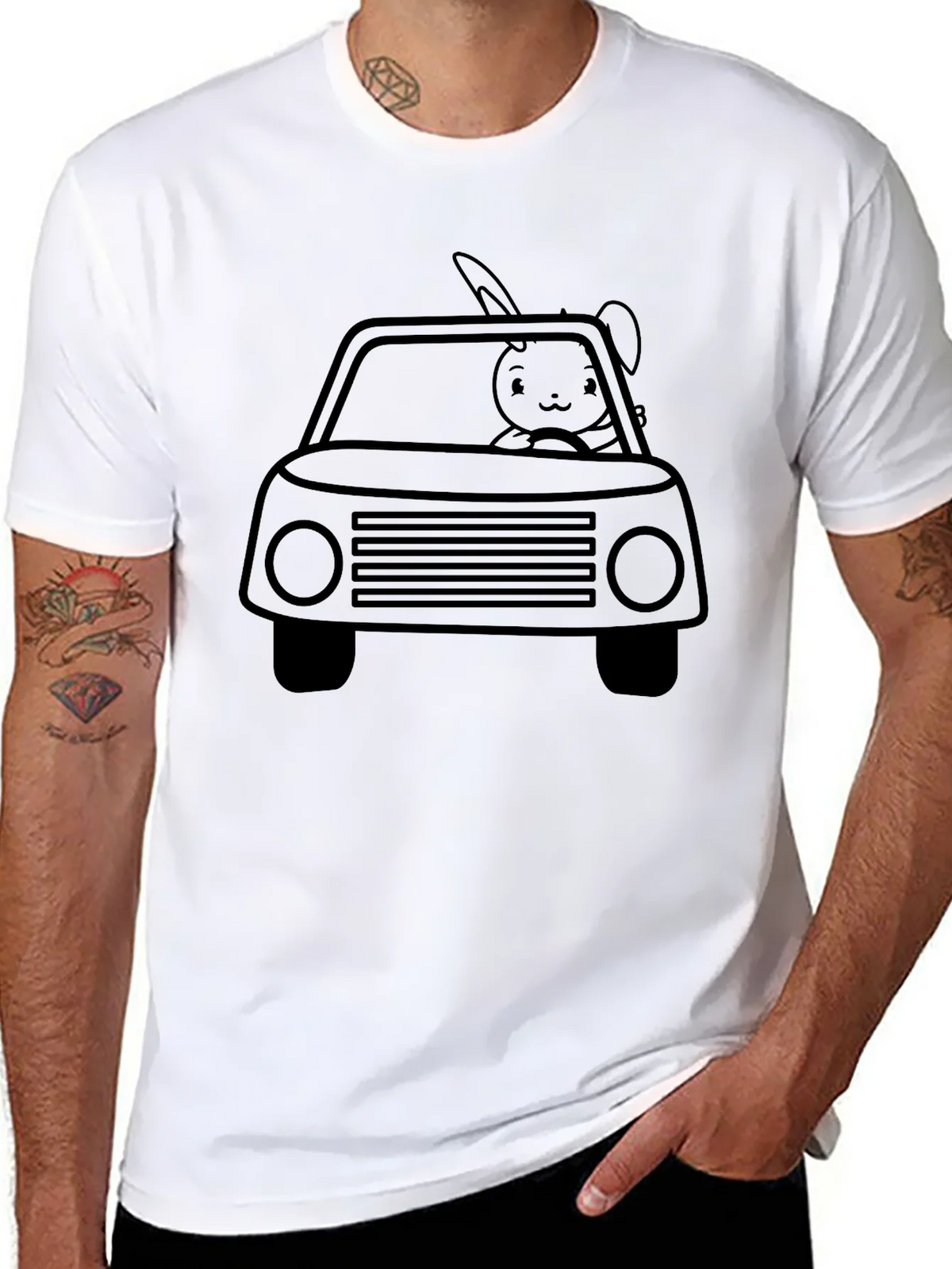 Bunny Car Graphic Tee - Black Crew Neck Shirt product image 7