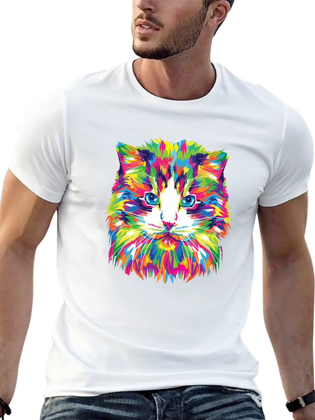 Colorful Cat Graphic Tee - Black Crew Neck T-Shirt product image 12