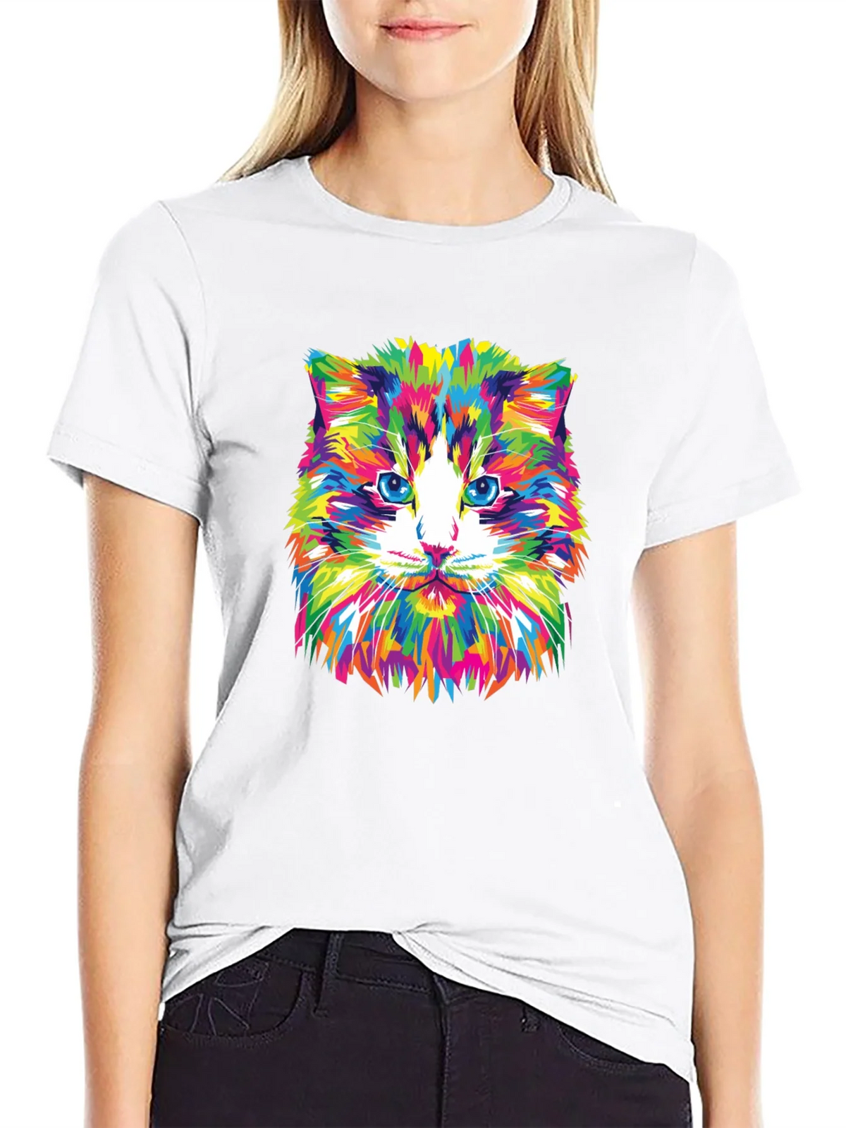 Colorful Cat Graphic Tee - Black Crew Neck T-Shirt product image 8