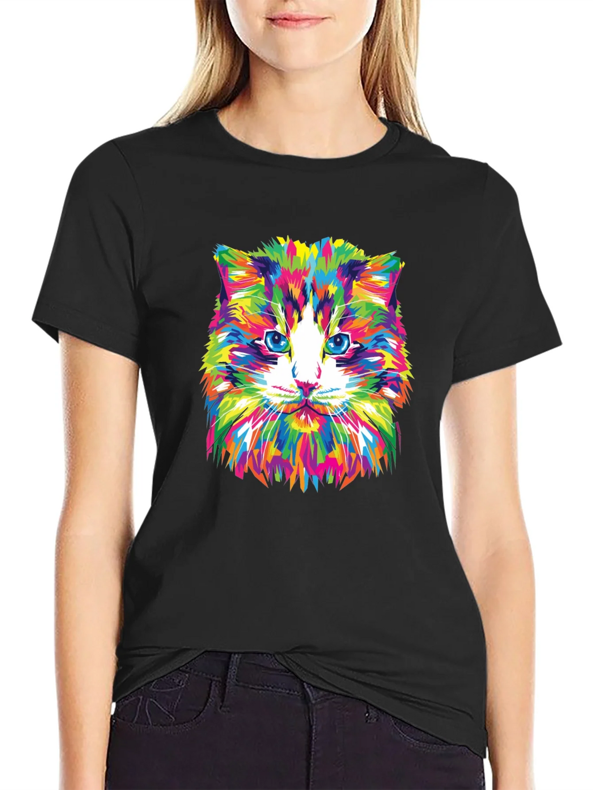 Colorful Cat Graphic Tee - Black Crew Neck T-Shirt product image 2