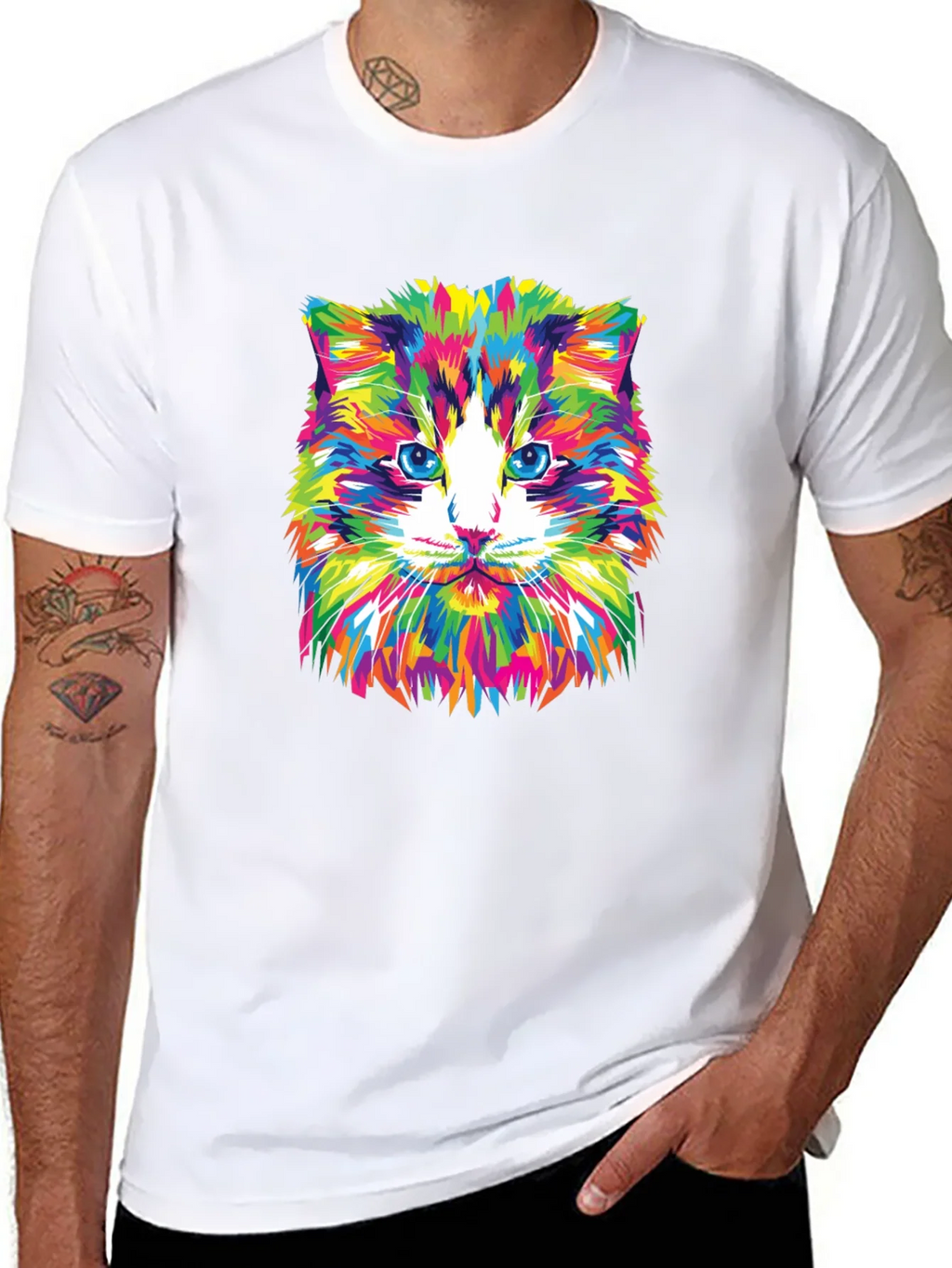 Colorful Cat Graphic Tee - Black Crew Neck T-Shirt product image 7