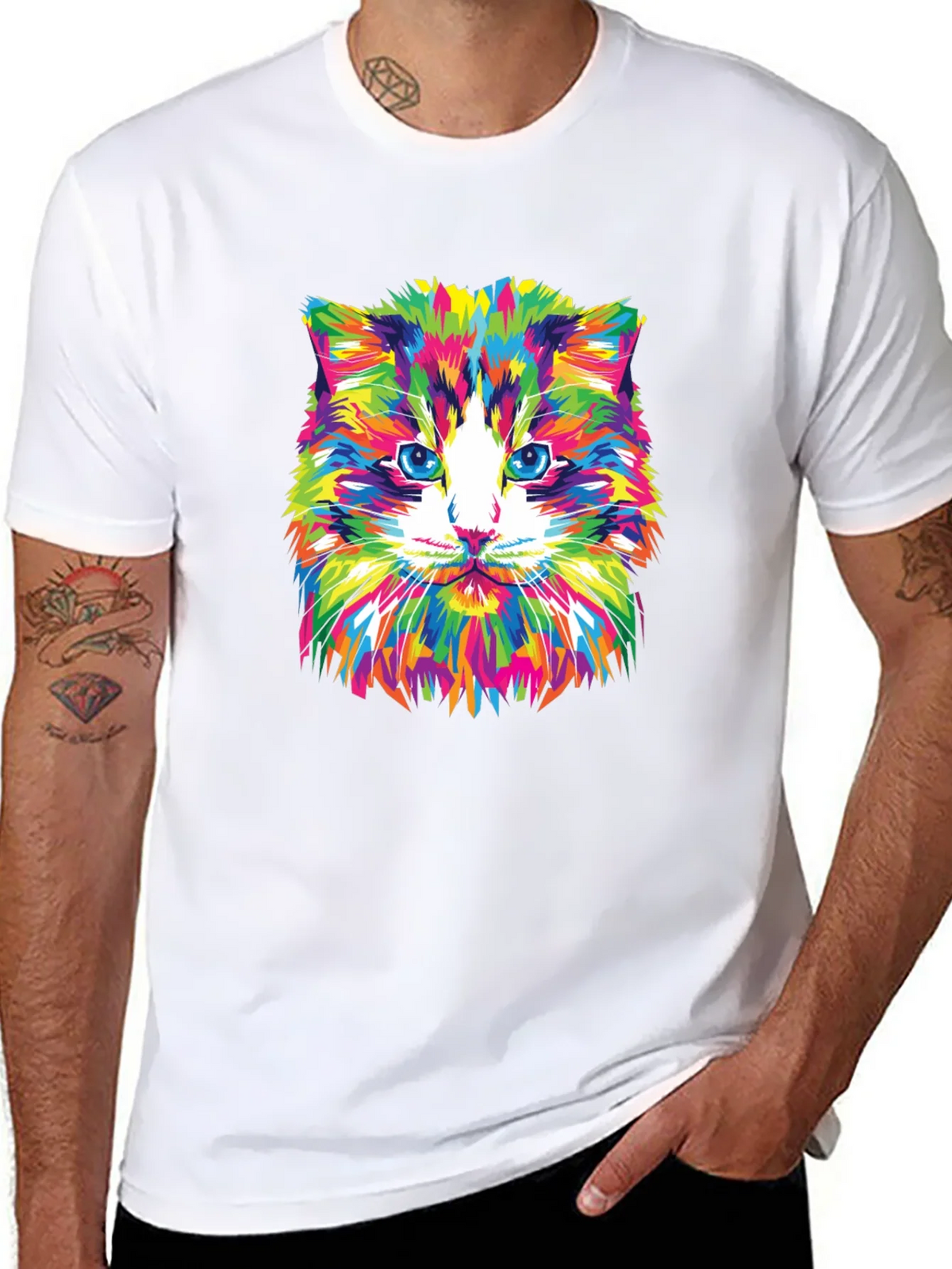 Colorful Cat Graphic Tee - Black Crew Neck T-Shirt product image 7