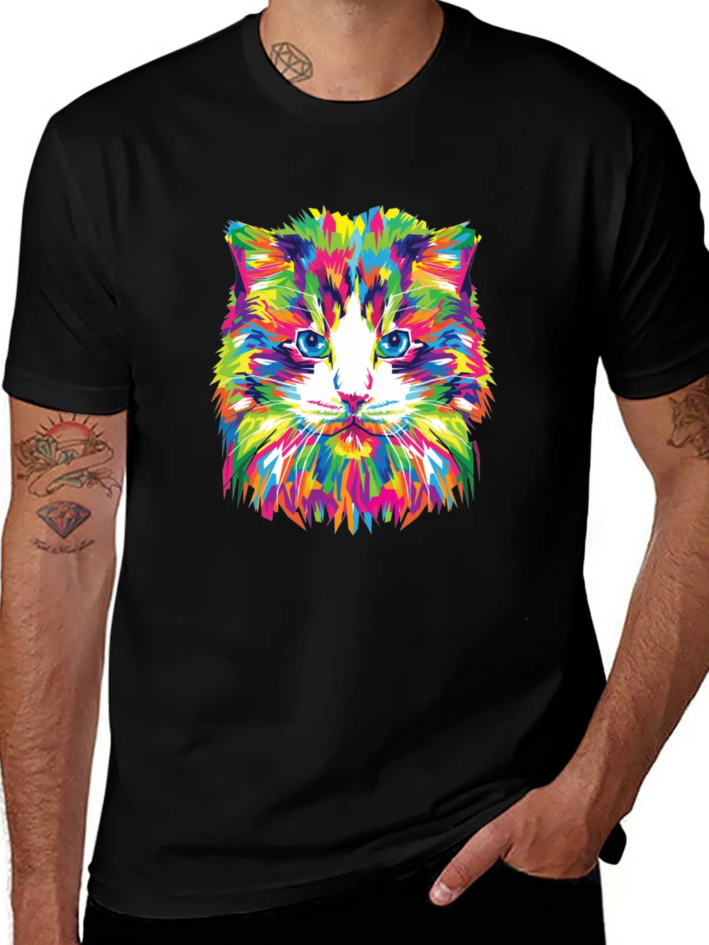 Colorful Cat Graphic Tee - Black Crew Neck T-Shirt product image 1
