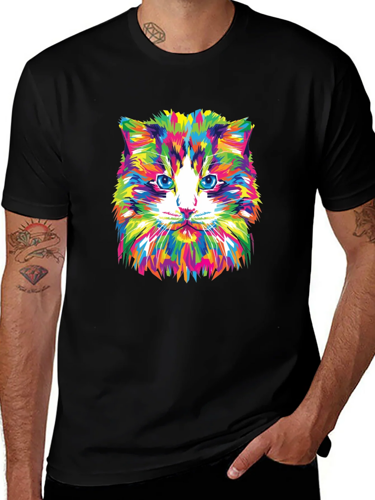 Colorful Cat Graphic Tee - Black Crew Neck T-Shirt product image 1