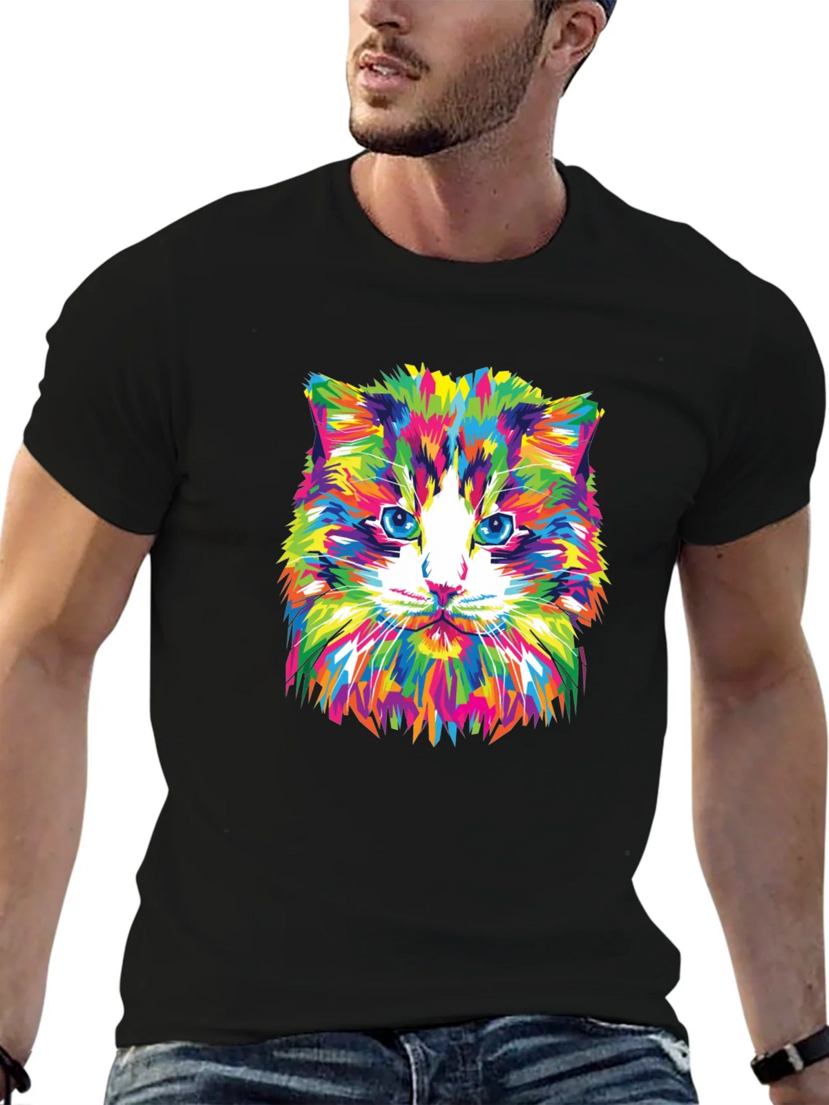 Colorful Cat Graphic Tee - Black Crew Neck T-Shirt product image 6