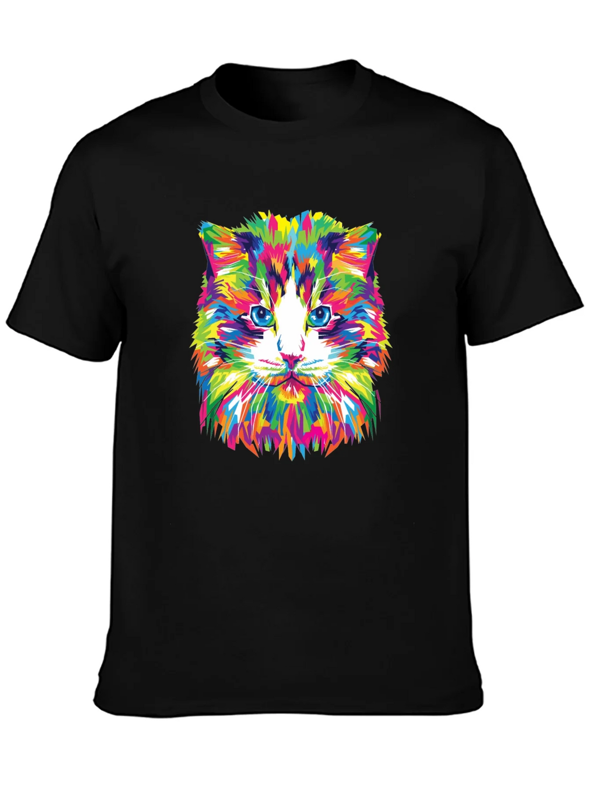 Colorful Cat Graphic Tee - Black Crew Neck T-Shirt product image 3