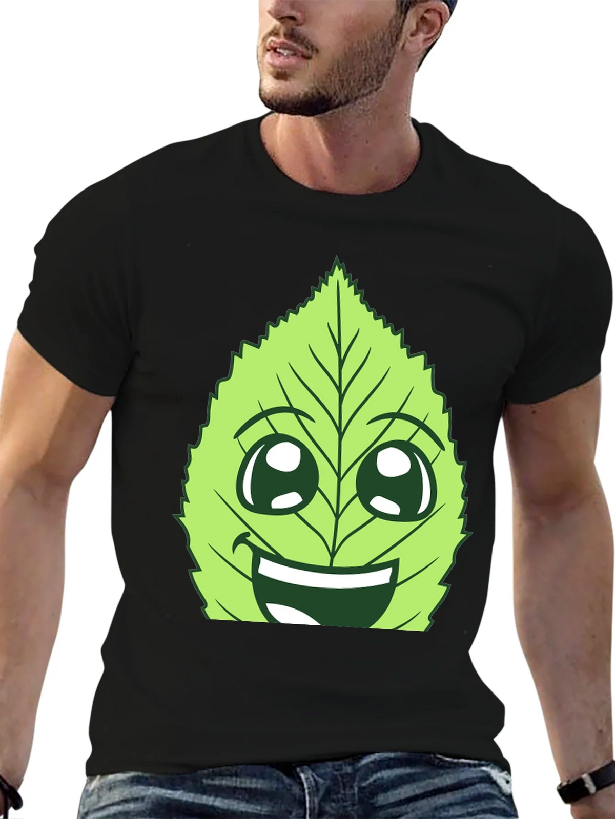 Funny Leaf Face Graphic T-Shirt - Black Cotton Tee product image 6