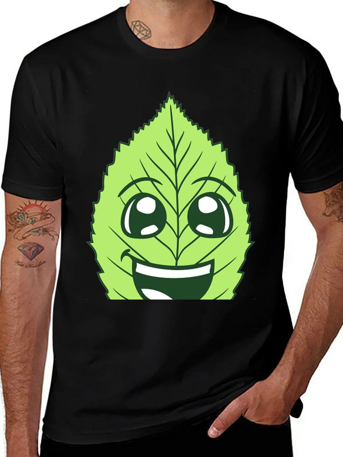 Funny Leaf Face Graphic T-Shirt - Black Cotton Tee product image 1