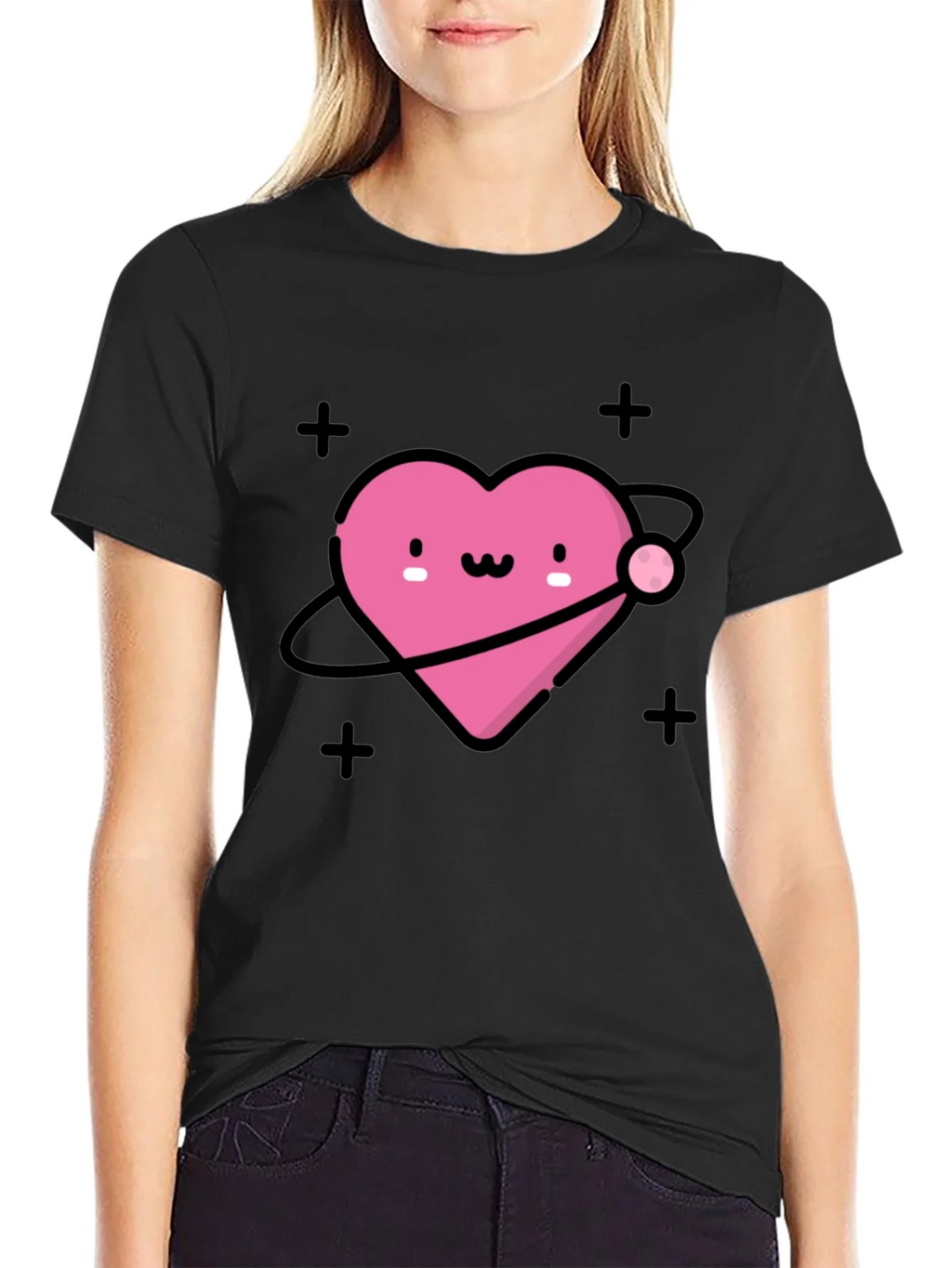 Cute Heart Planet Black T-Shirt product image 2