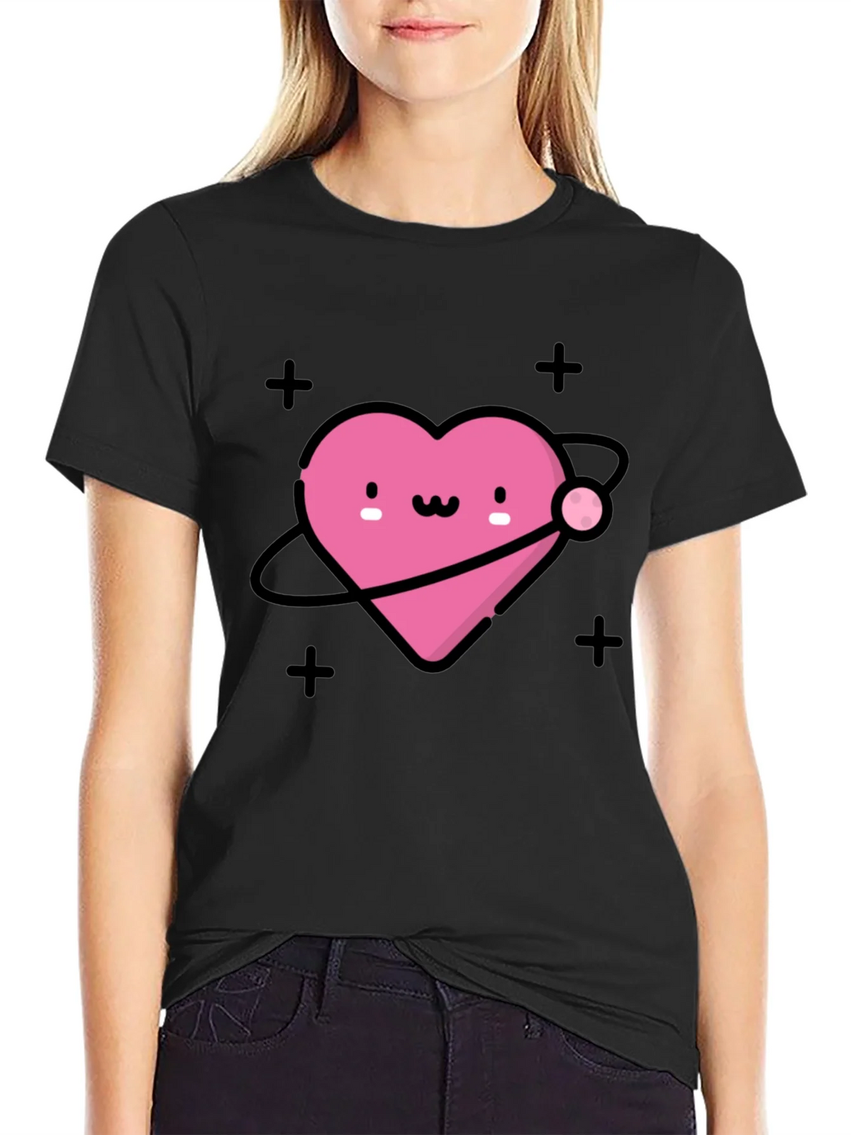 Cute Heart Planet Black T-Shirt product image 2