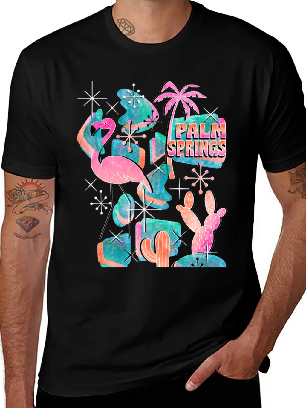 Retro Palm Springs Graphic Tee - Flamingo Cactus Desert product image 1