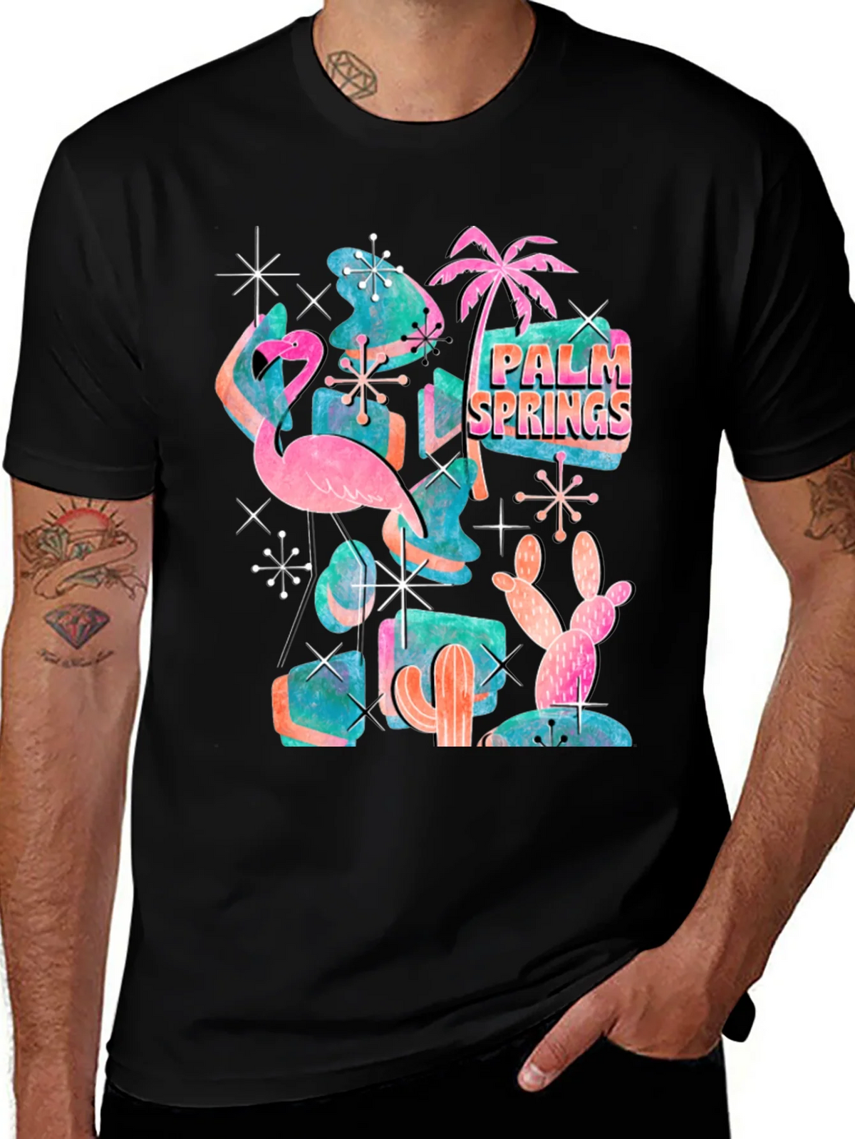 Retro Palm Springs Graphic Tee - Flamingo Cactus Desert product image 1