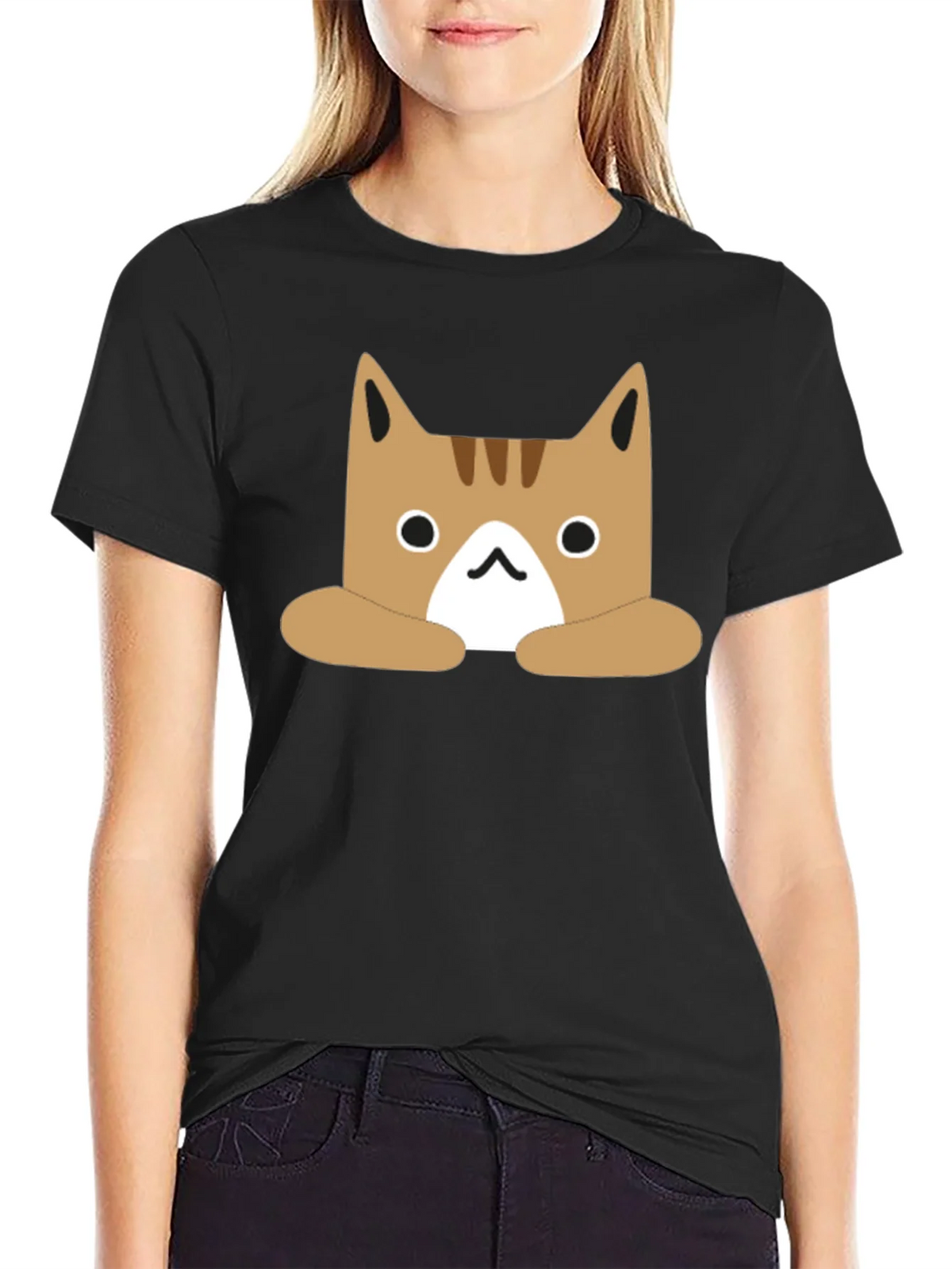 Cute Cartoon Cat Graphic Black T-Shirt product image 2