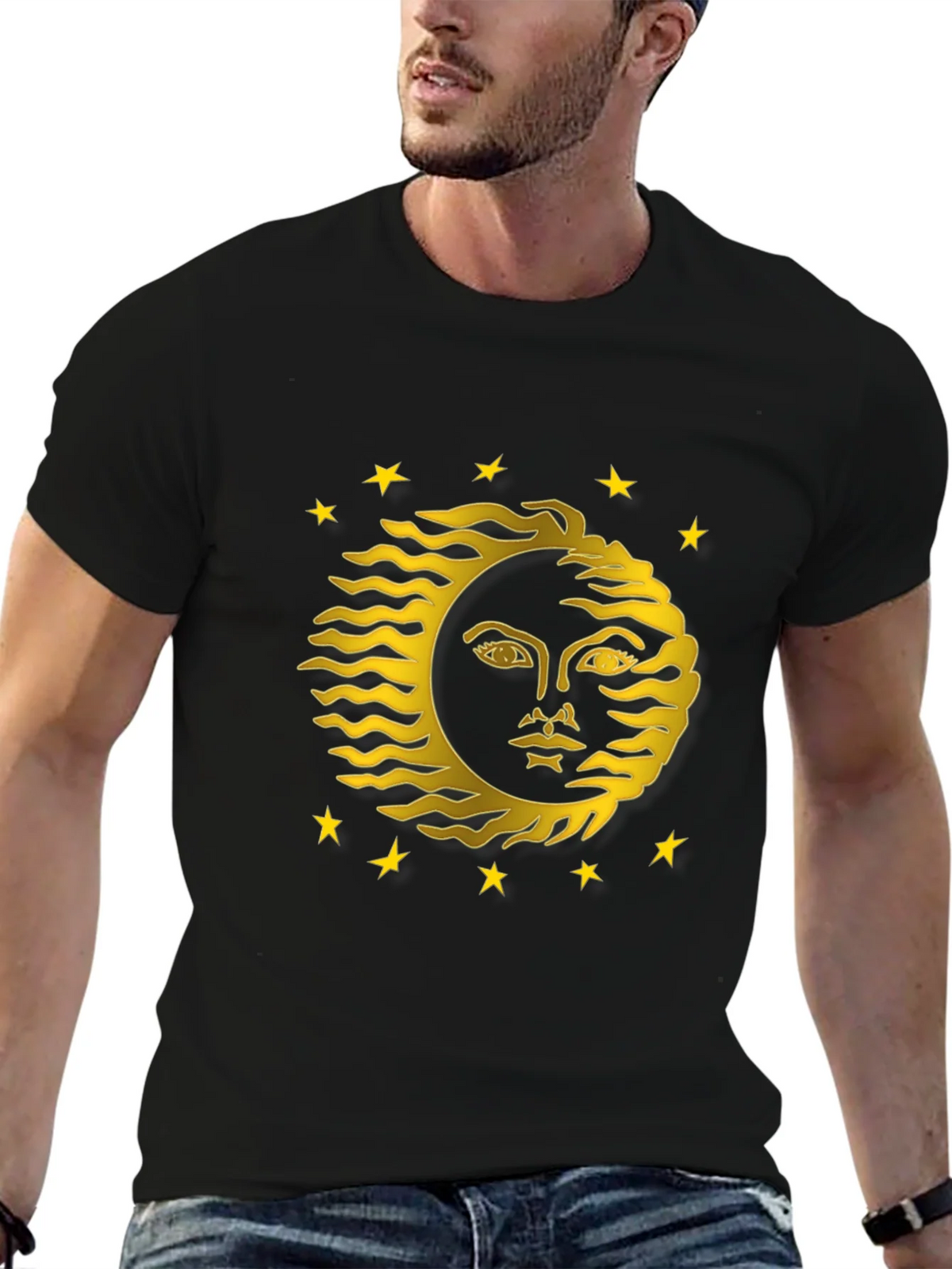 Celestial Sun Face Graphic Tee - Black Cotton T-Shirt product image 5