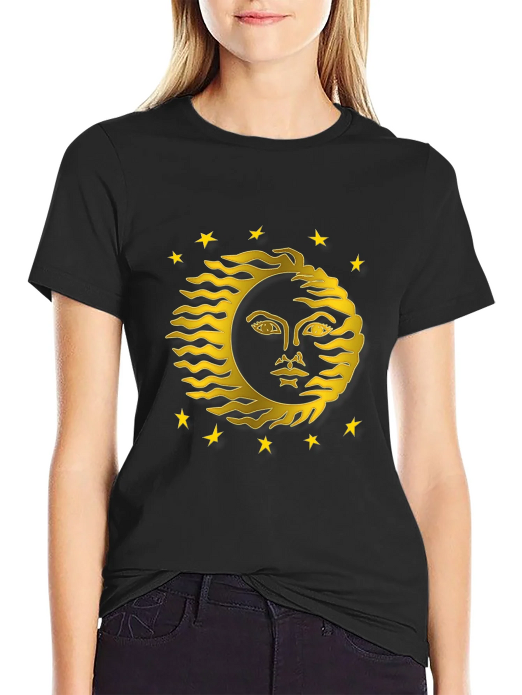 Celestial Sun Face Graphic Tee - Black Cotton T-Shirt product image 2