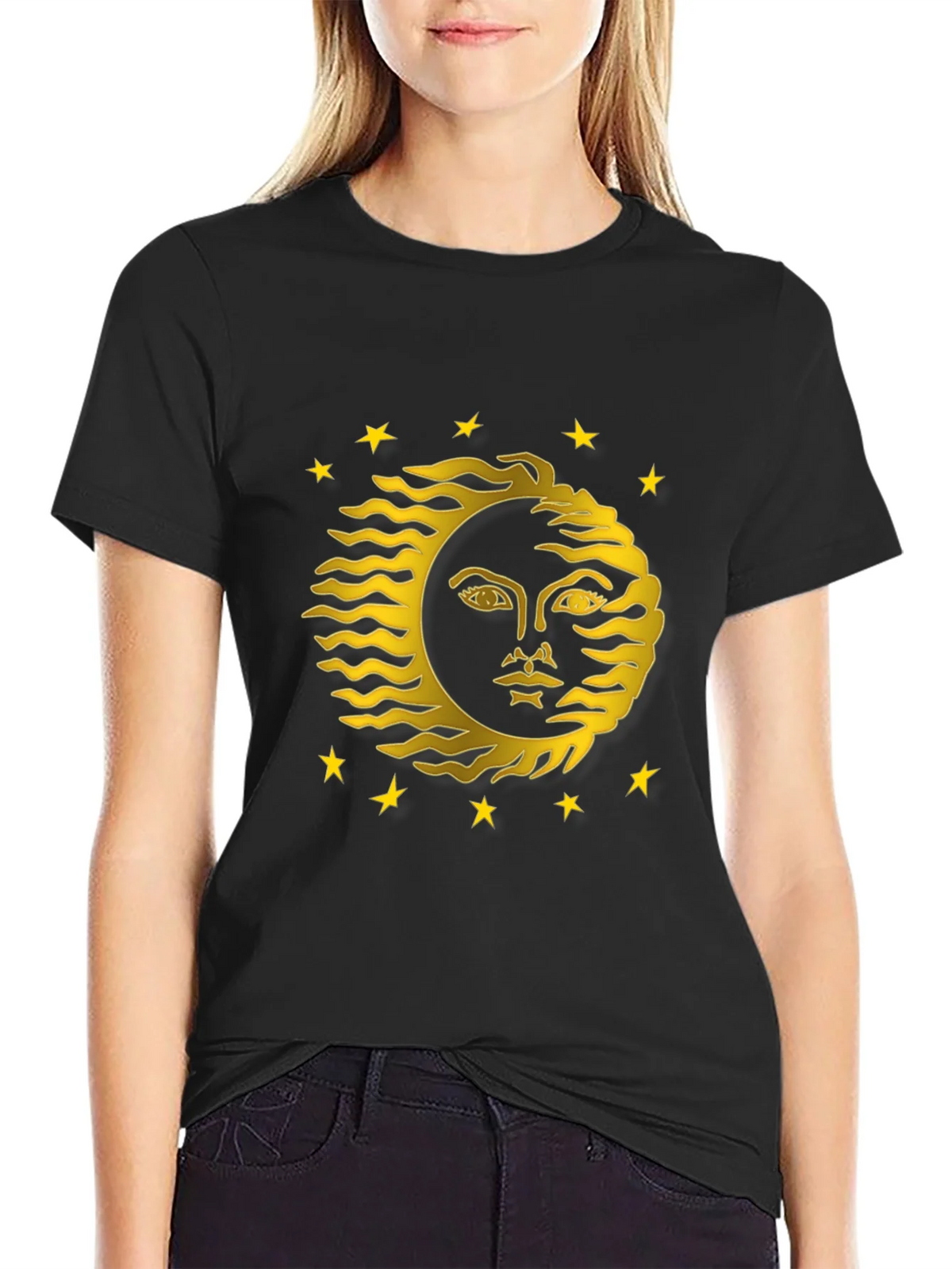 Celestial Sun Face Graphic Tee - Black Cotton T-Shirt product image 2