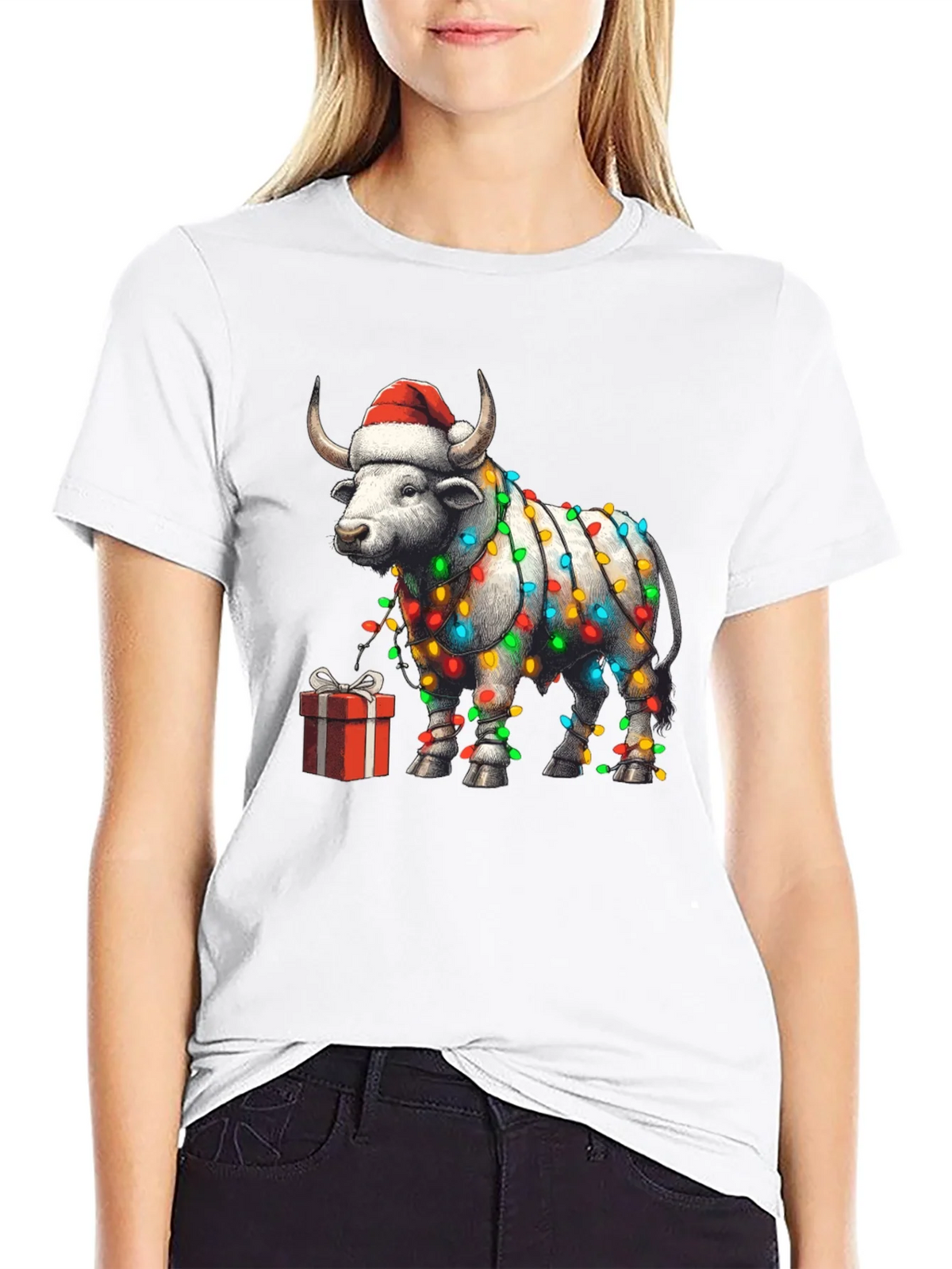 Festive Bull Christmas Lights T-Shirt
