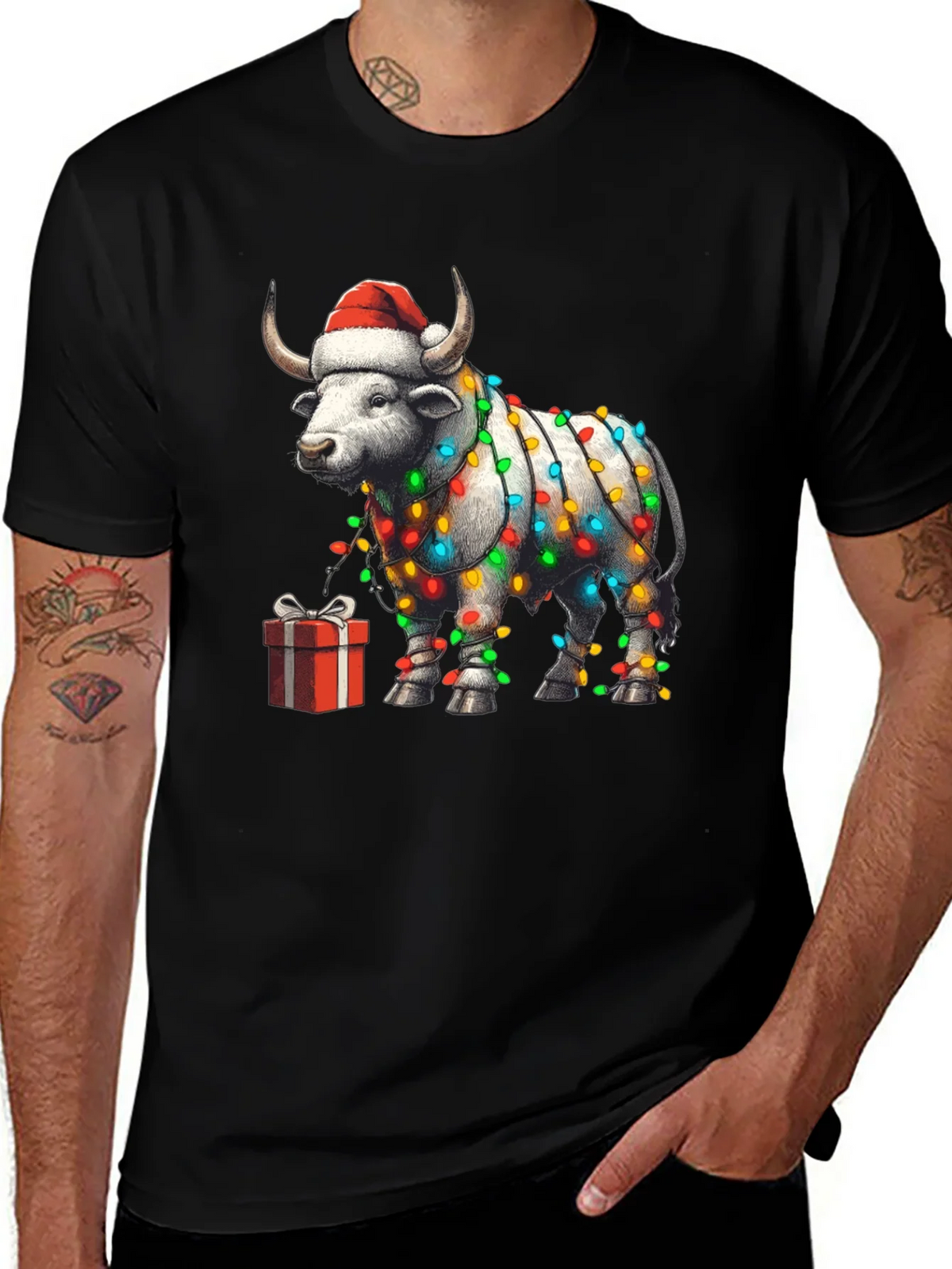 Festive Bull Christmas Lights T-Shirt