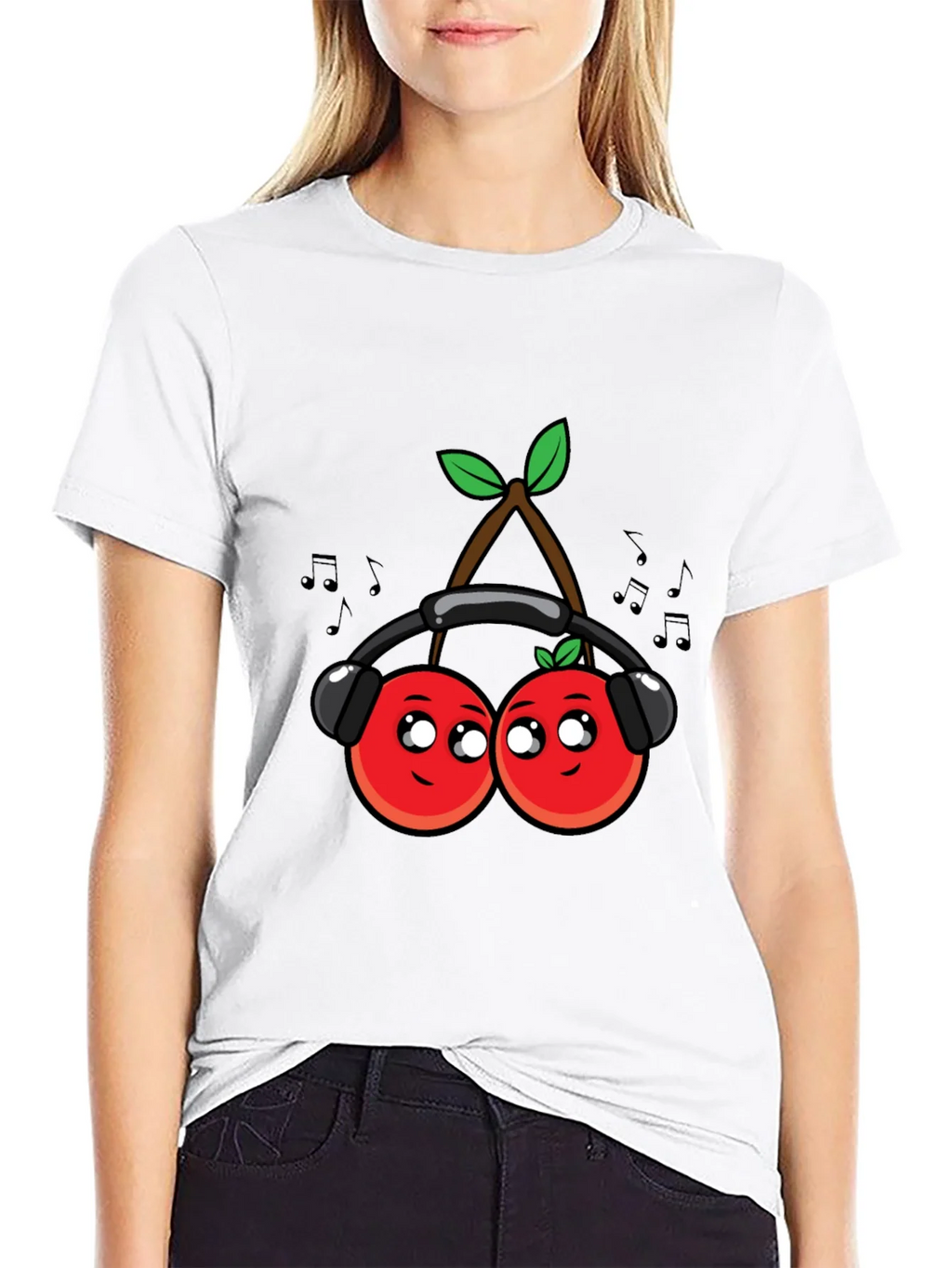 Cute Cherries Music Lover Black T-Shirt product image 3