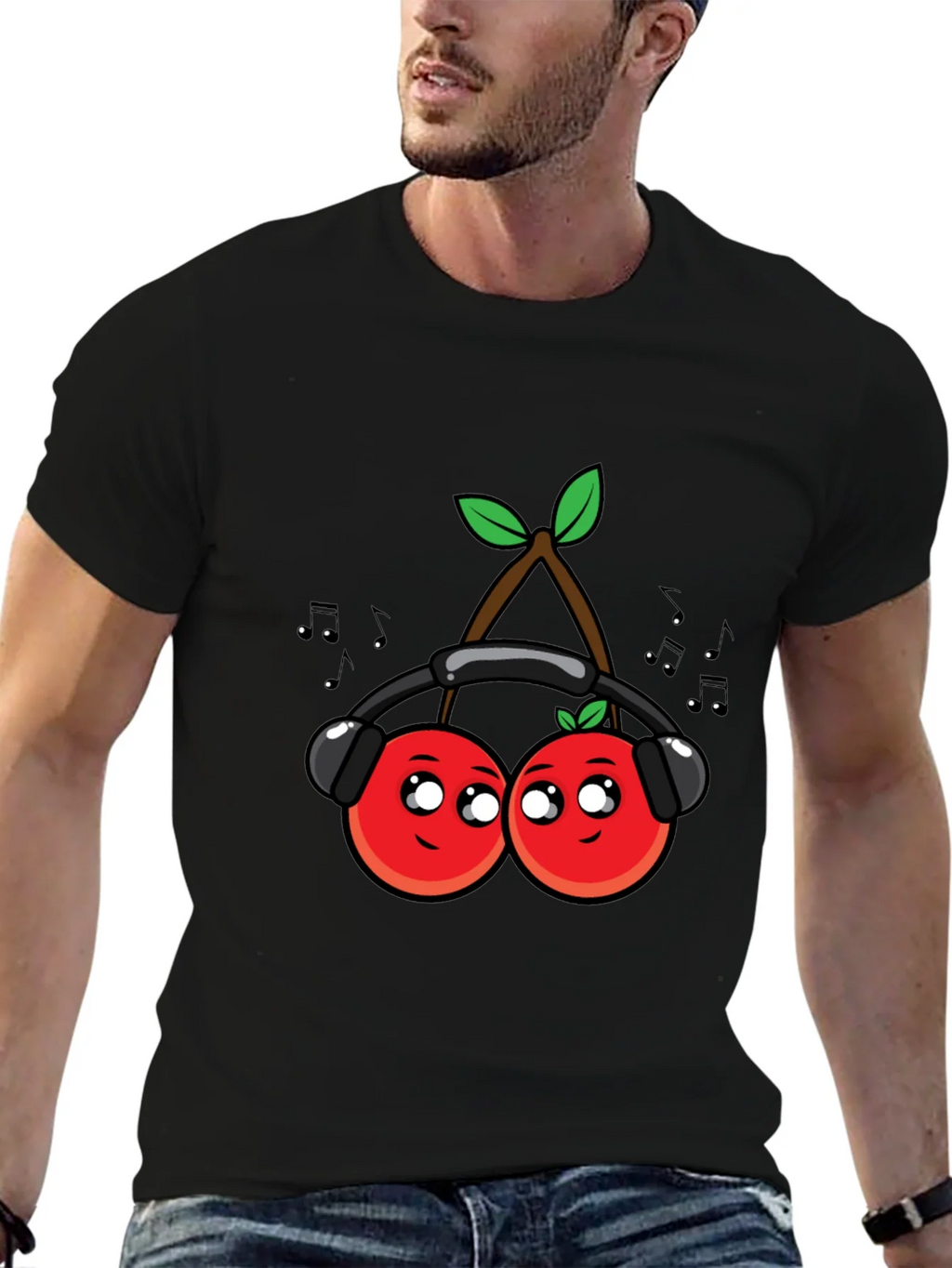 Cute Cherries Music Lover Black T-Shirt product image 2