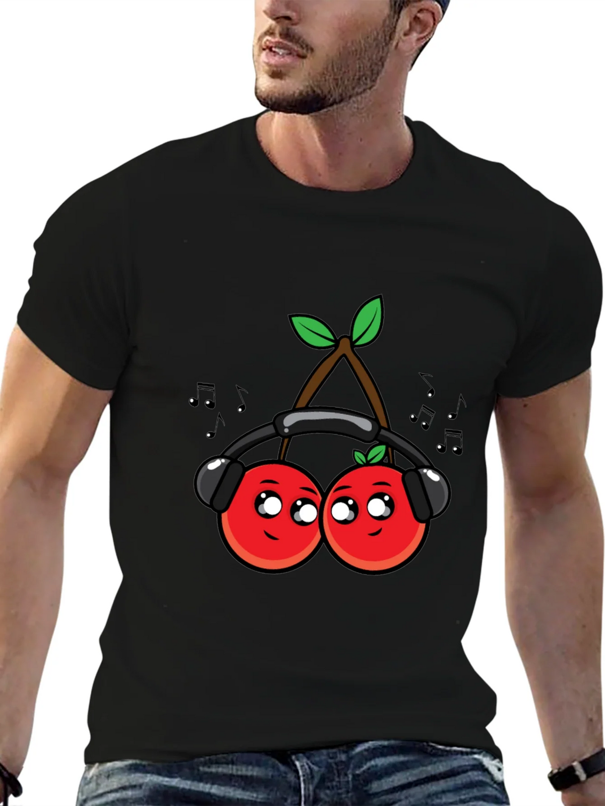 Cute Cherries Music Lover Black T-Shirt product image 2