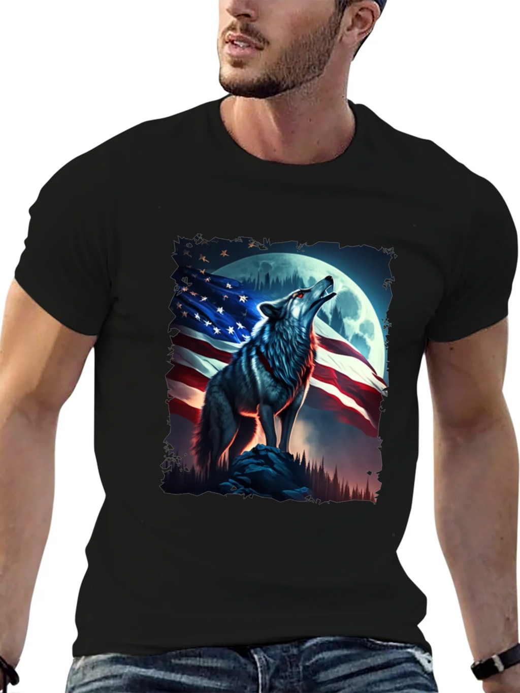 American Patriot Wolf T-Shirt - Mens Black Tee product image 3