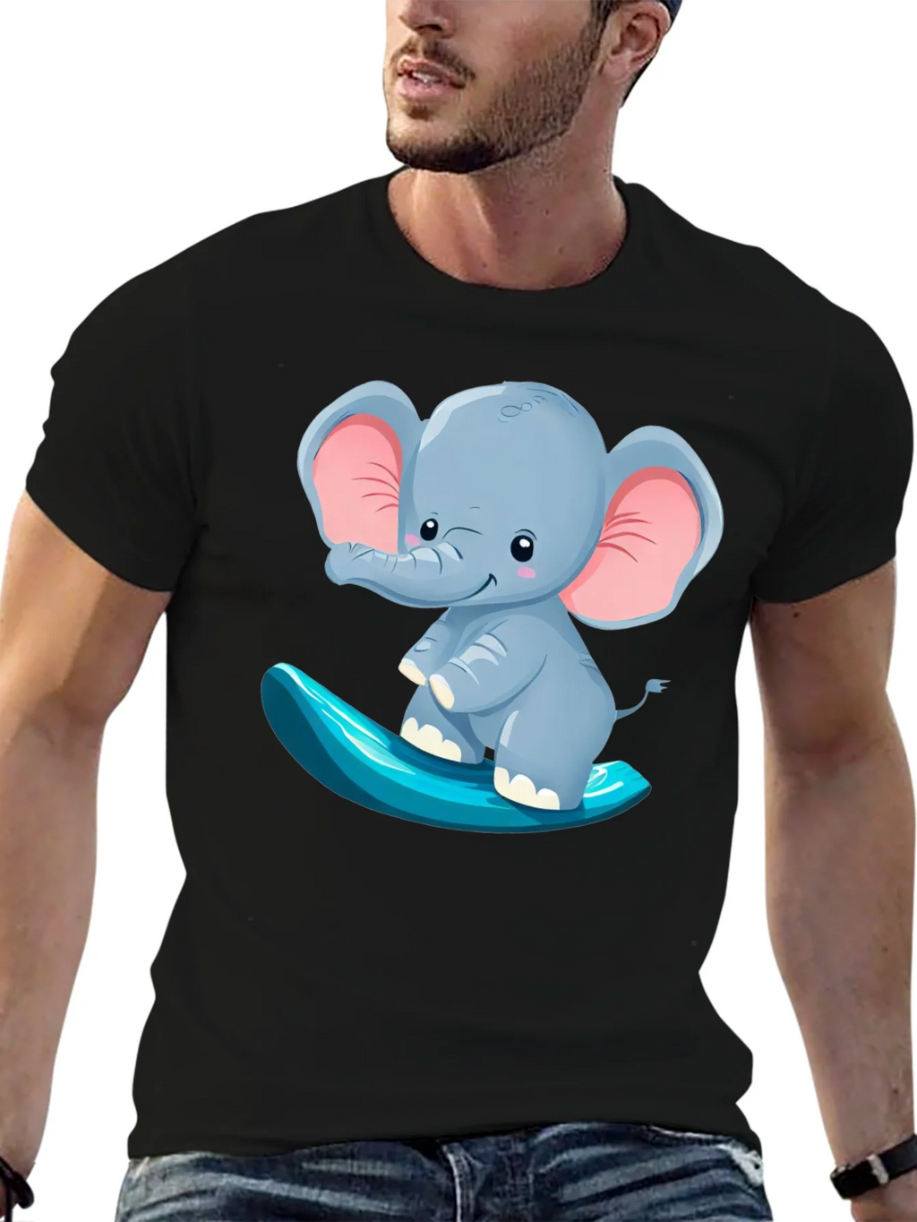 Cute Elephant Surfing Tee - Black Cotton T-Shirt product image 3