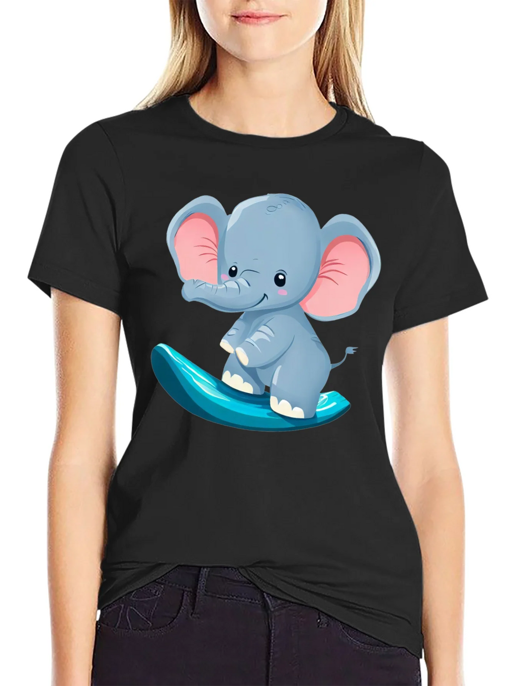 Cute Elephant Surfing Tee - Black Cotton T-Shirt product image 1
