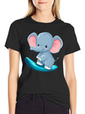 Cute Elephant Surfing Tee - Black Cotton T-Shirt product image 1
