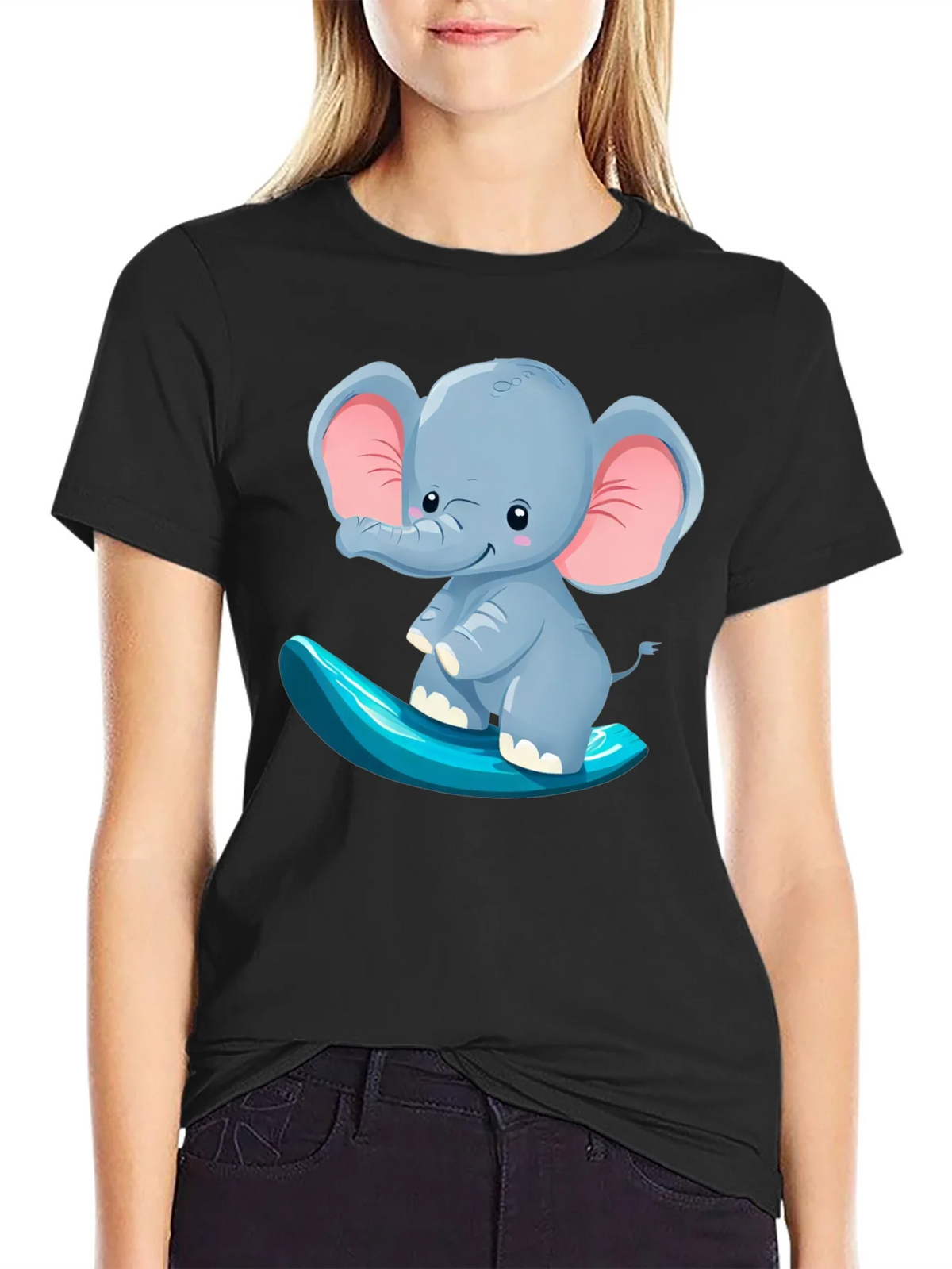 Cute Elephant Surfing Tee - Black Cotton T-Shirt product image 1