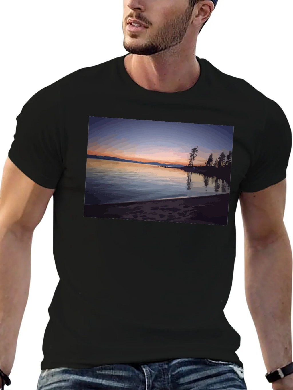 Scenic Lake Sunset Graphic Tee - Black product image 5