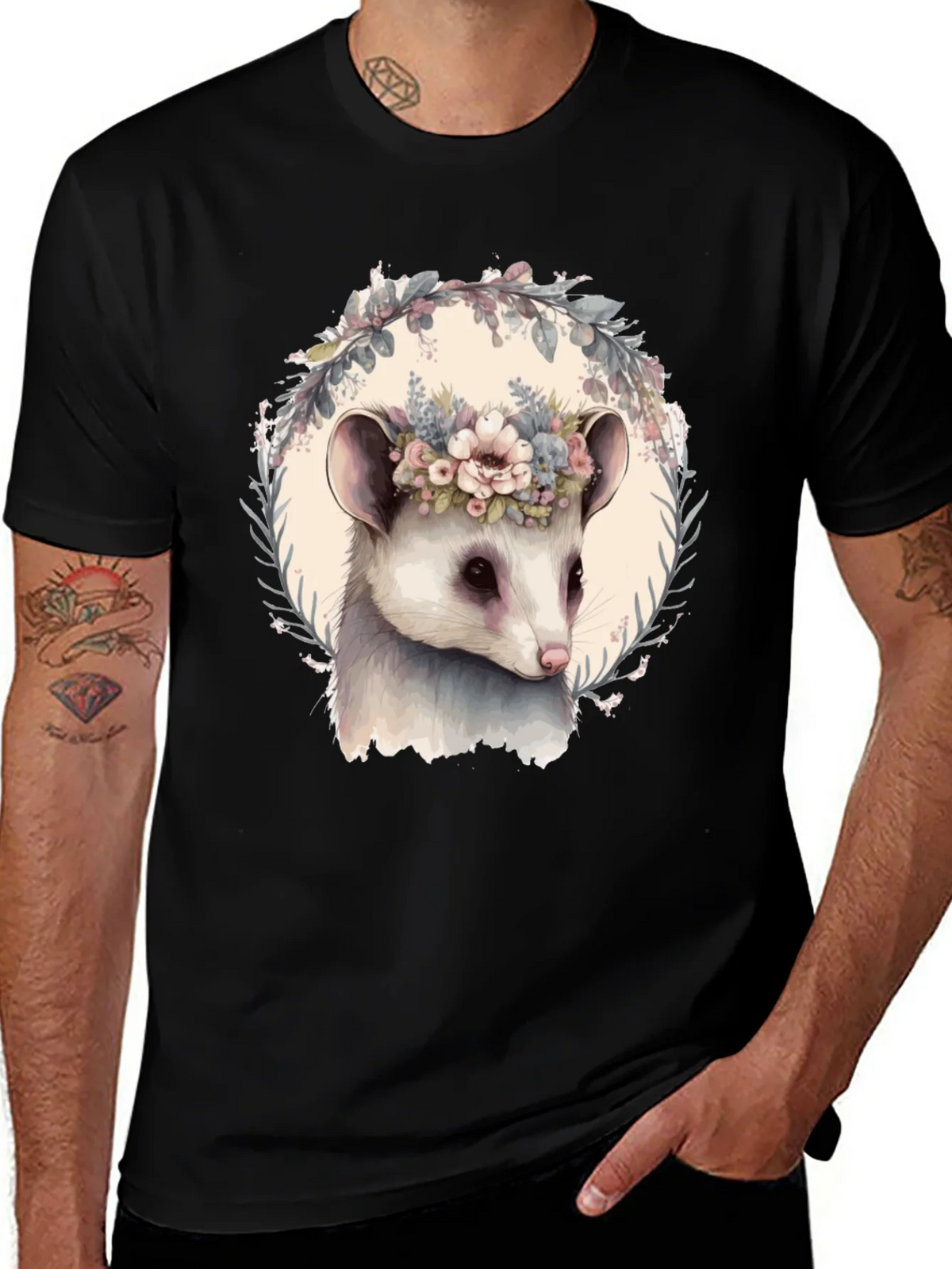 Opossum Floral Wreath T-Shirt - Unique Animal Tee product image 1
