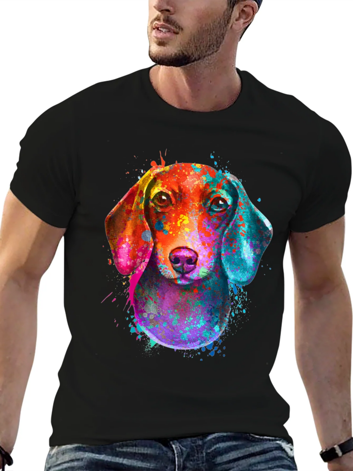 Watercolor Dachshund Print Black T-Shirt product image 3