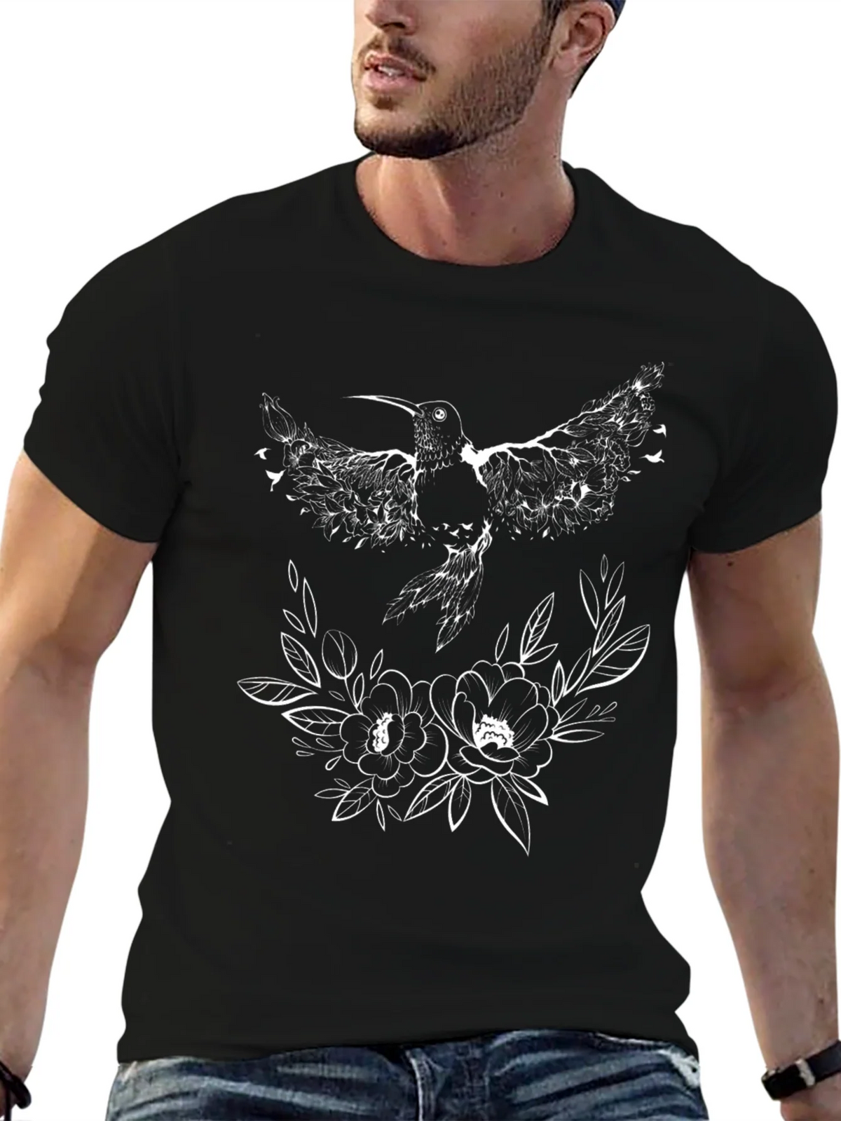 Hummingbird & Floral Graphic Black T-Shirt product image 6