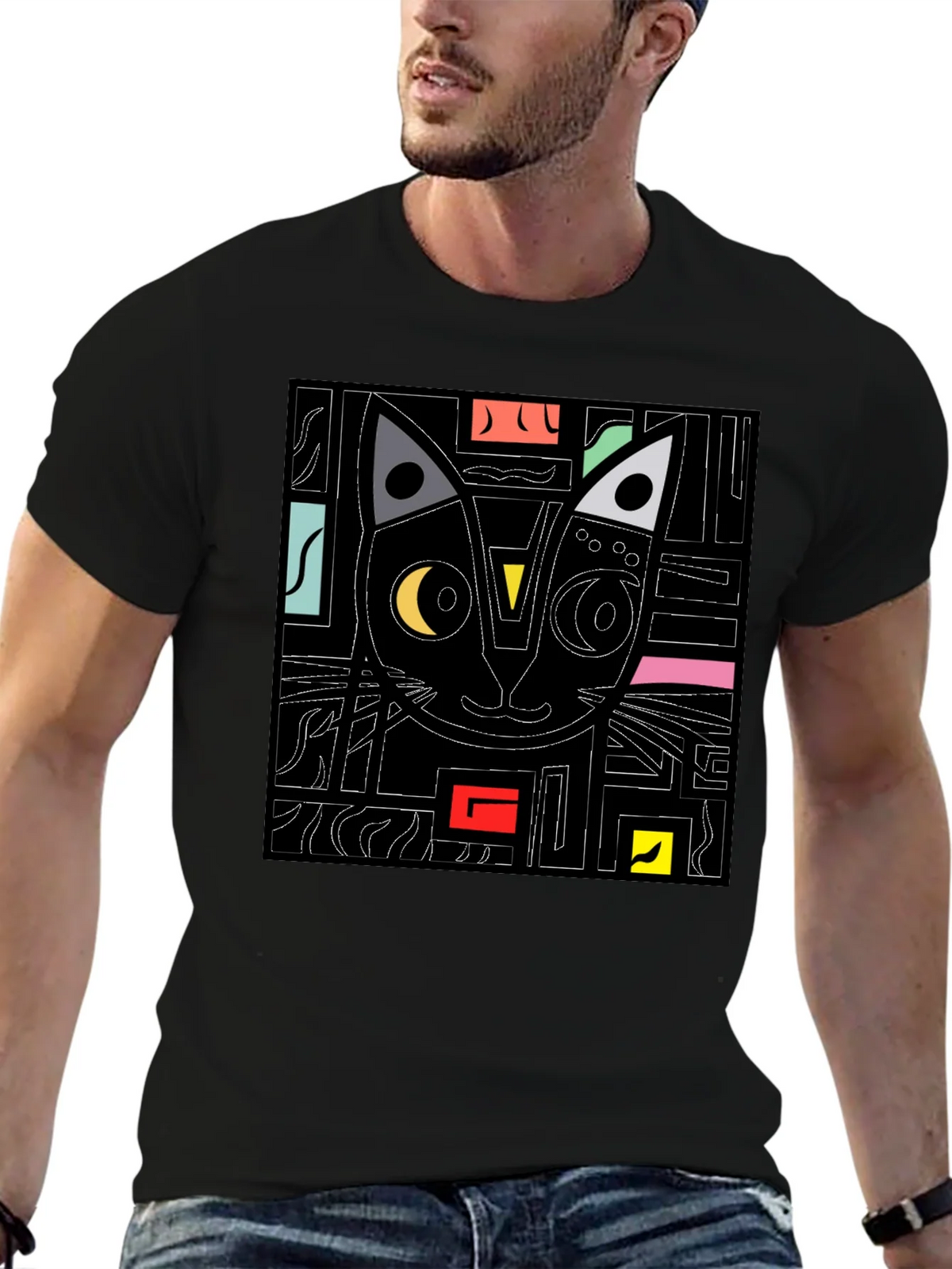 Abstract Cat Graphic T-Shirt - Modern Black Tee product image 6