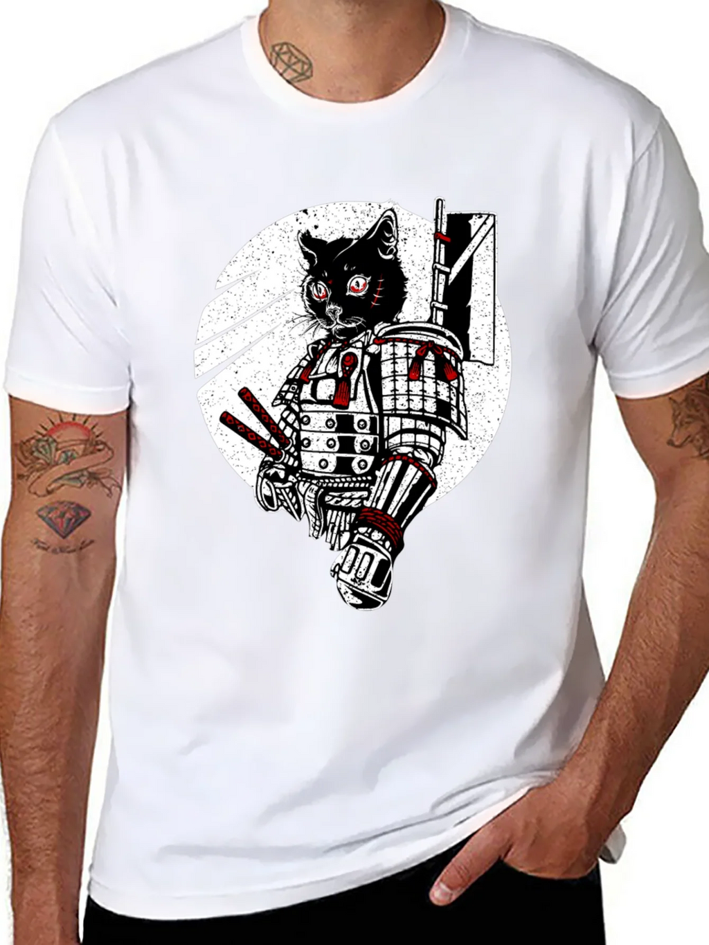 Samurai Cat Graphic Tee - Black Cotton T-Shirt product image 7
