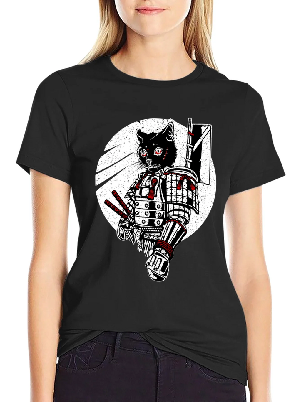 Samurai Cat Graphic Tee - Black Cotton T-Shirt product image 2