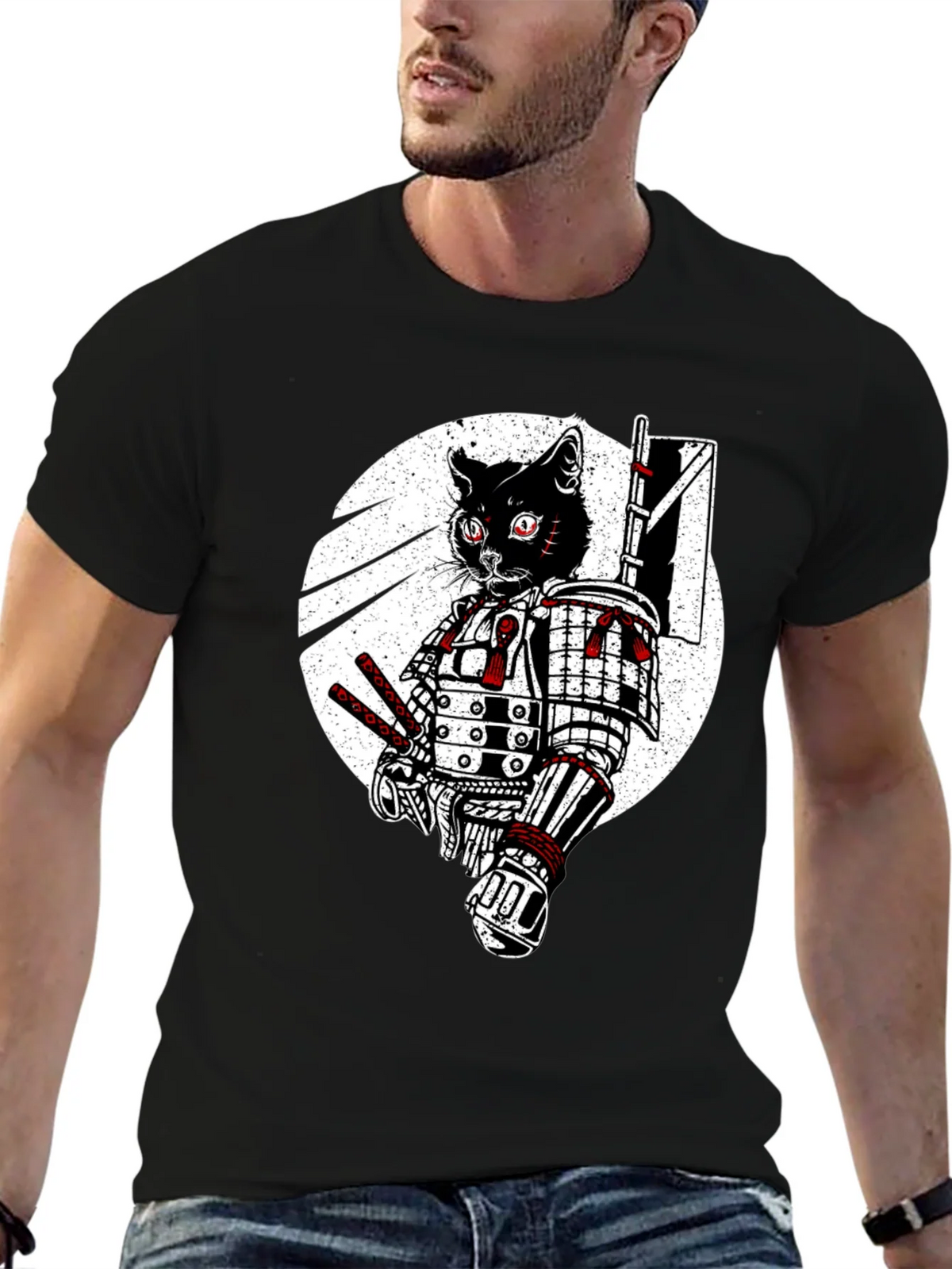 Samurai Cat Graphic Tee - Black Cotton T-Shirt product image 6