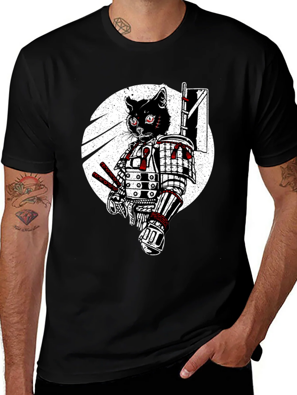 Samurai Cat Graphic Tee - Black Cotton T-Shirt product image 1