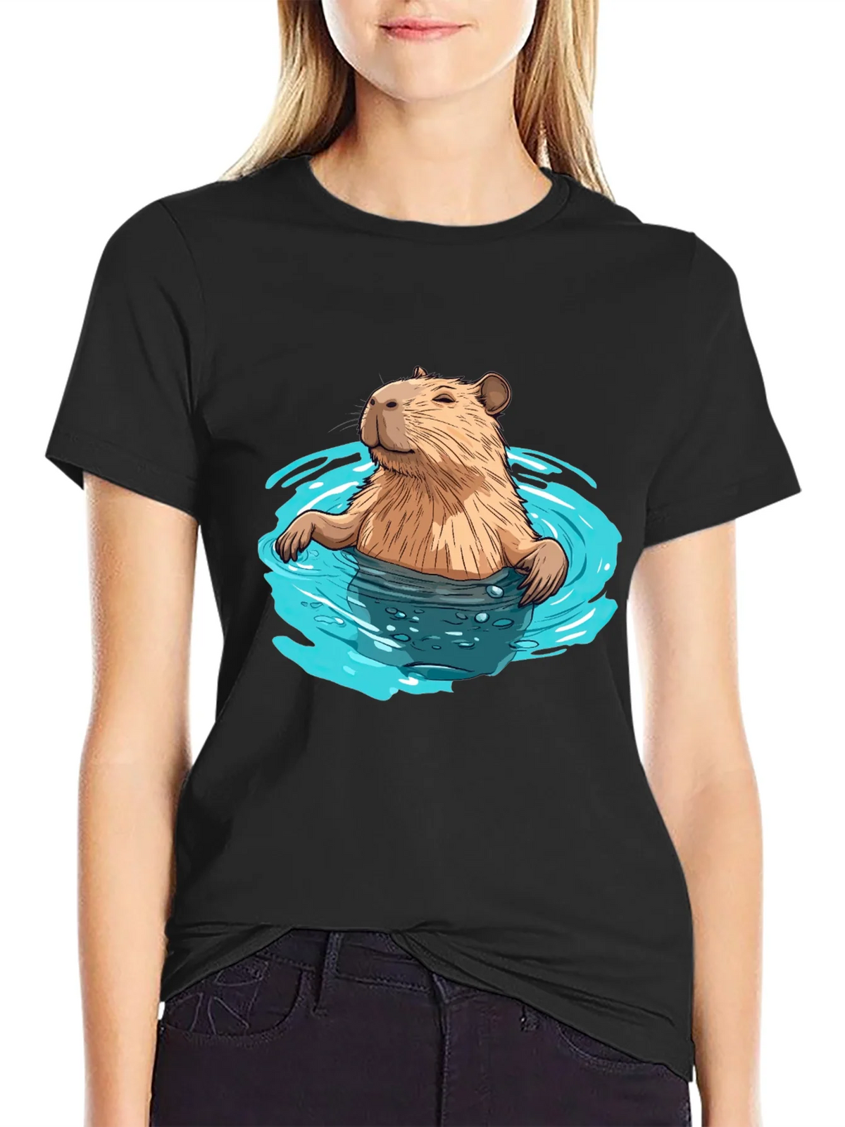 Capybara in Water Black T-Shirt product image 2