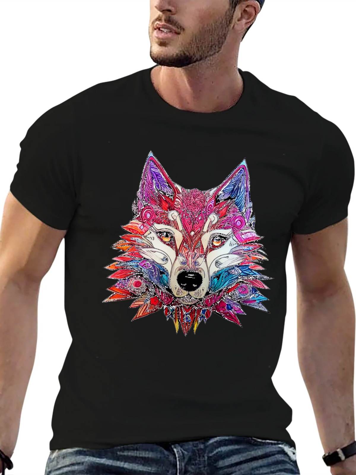 Abstract Wolf Graphic Print Black T-Shirt product image 4