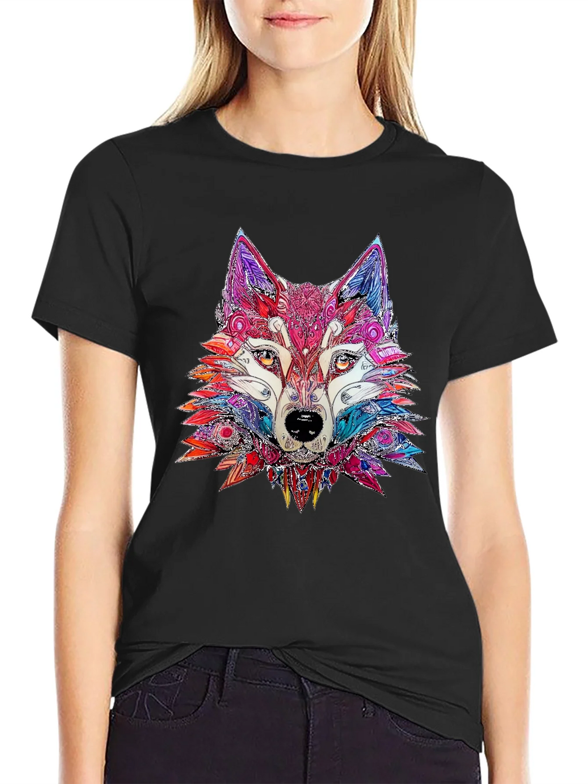 Abstract Wolf Graphic Print Black T-Shirt product image 2