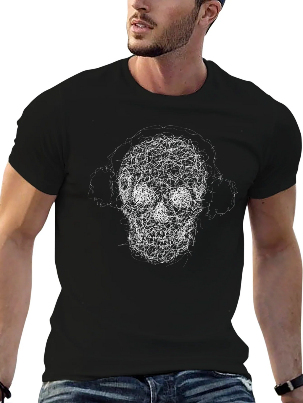 Skull Scribble Graphic Tee - Black Cotton Casual Shirt product image 5