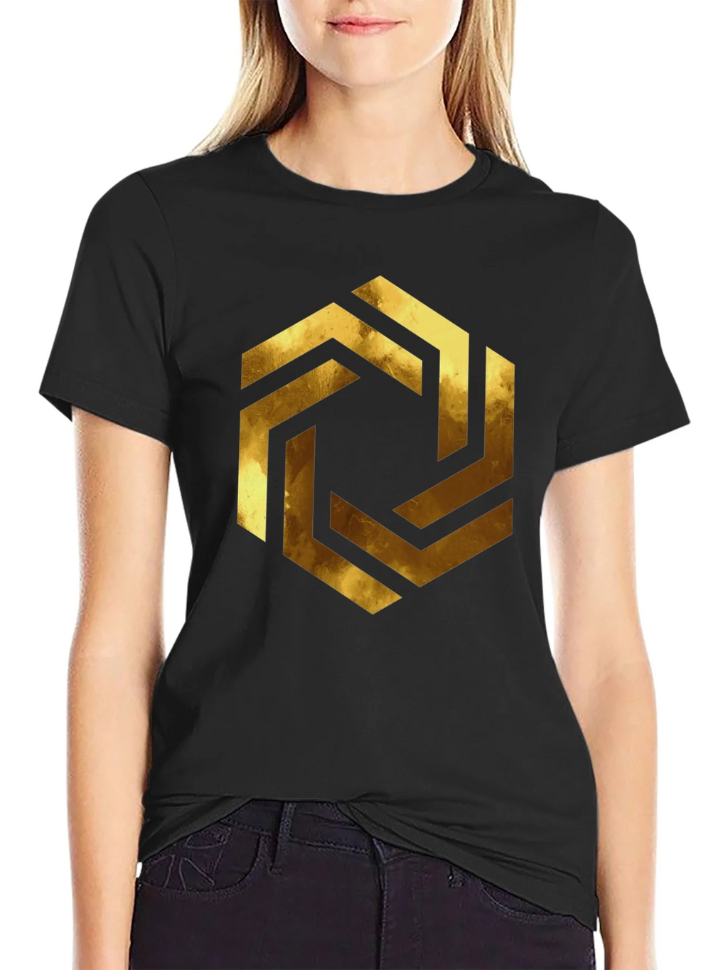 Abstract Geometric Gold Design Black T-Shirt product image 2