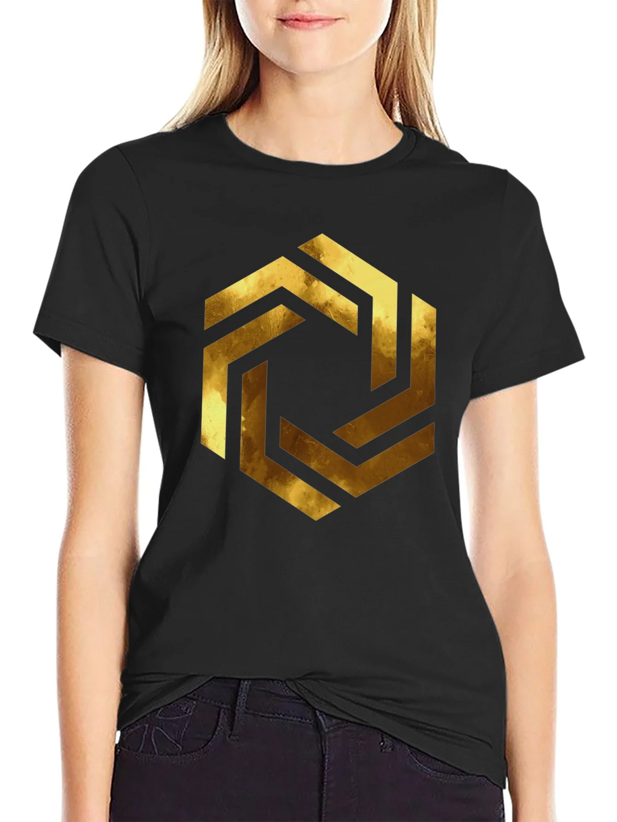 Abstract Geometric Gold Design Black T-Shirt product image 2