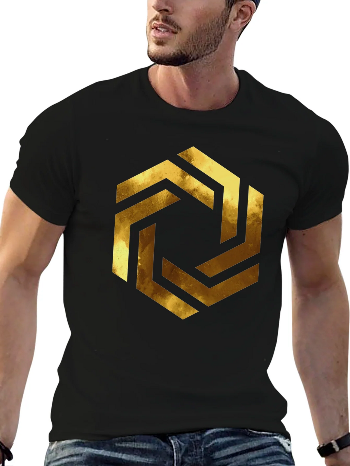 Abstract Geometric Gold Design Black T-Shirt product image 6