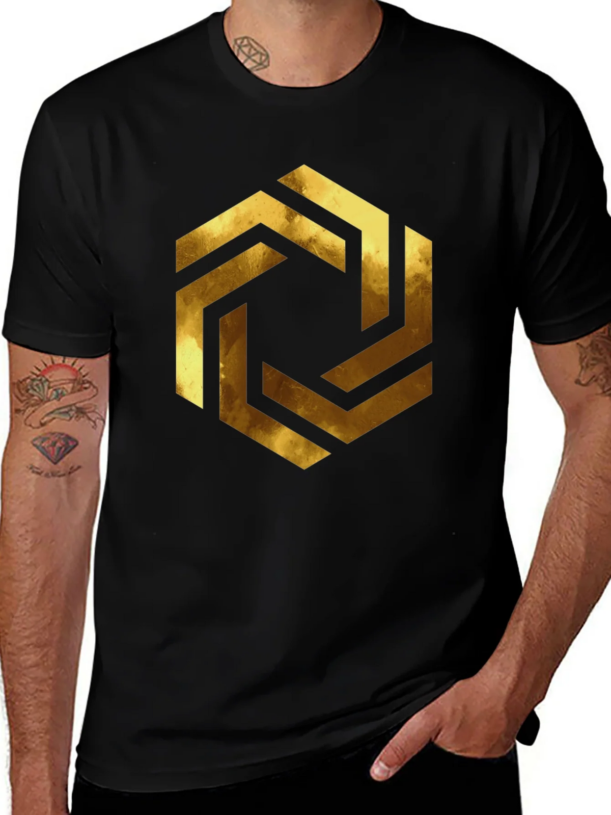 Abstract Geometric Gold Design Black T-Shirt product image 1