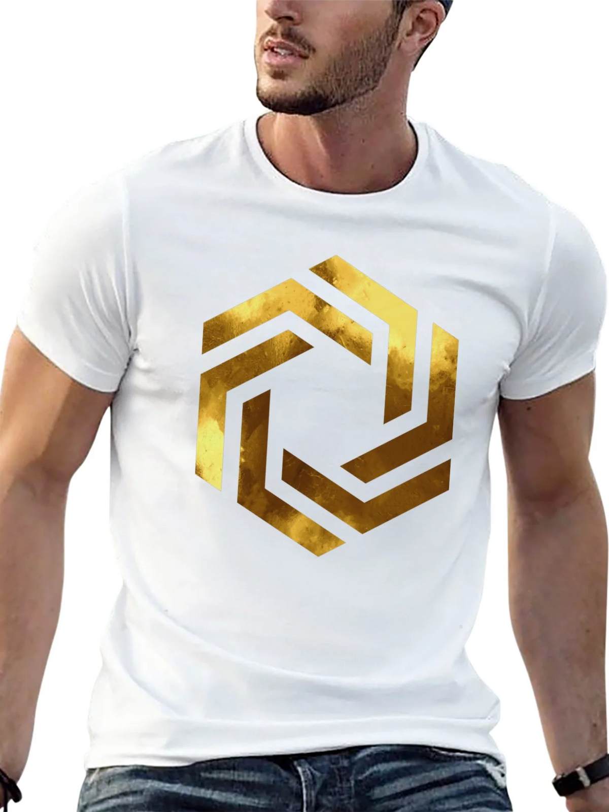 Abstract Geometric Gold Design Black T-Shirt product image 12