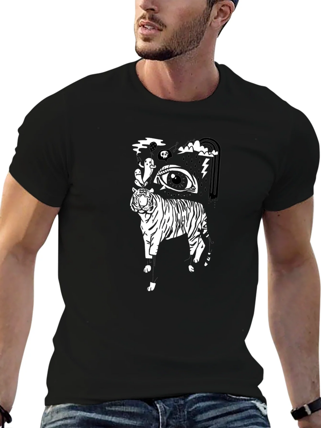 Black T-Shirt with Tiger Eye Graphic product image 5